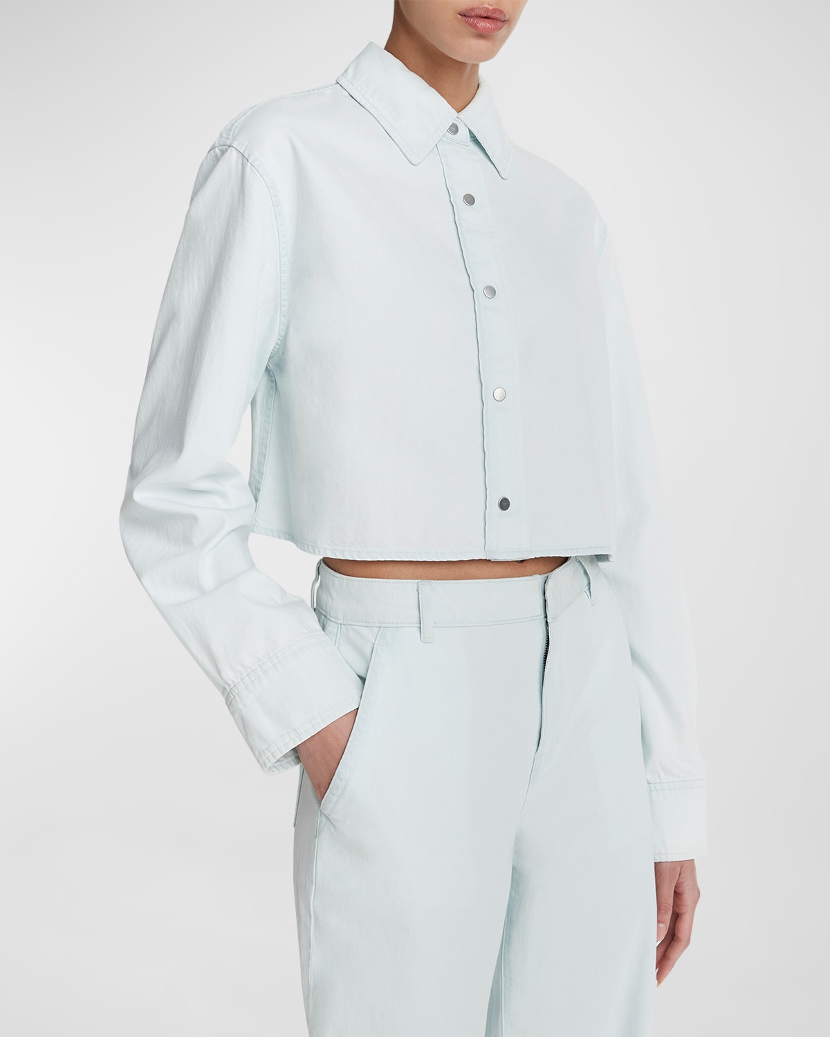 Shop Vince Cotton Twill Cropped Snap-front Shirt In Celestine