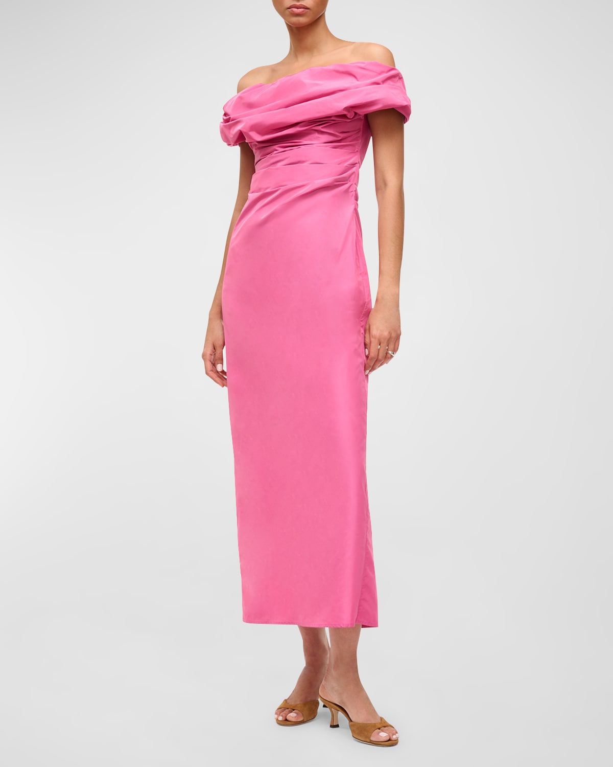 Shop Staud Andrea Ruched Off-shoulder Midi Sheath Dress In Punch