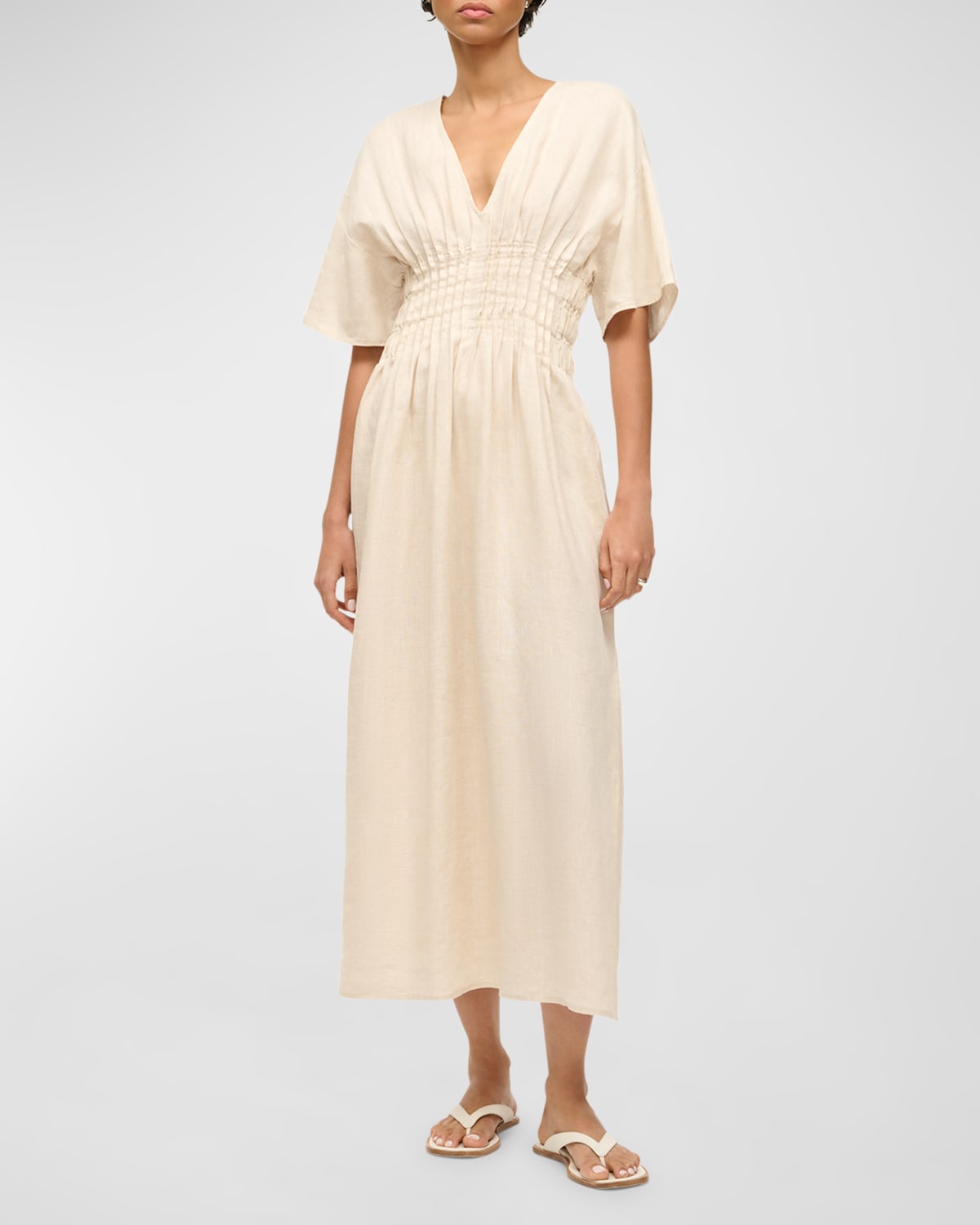 Shop Staud Lauretta Pintuck-waist V-neck Linen Midi Dress In Natural