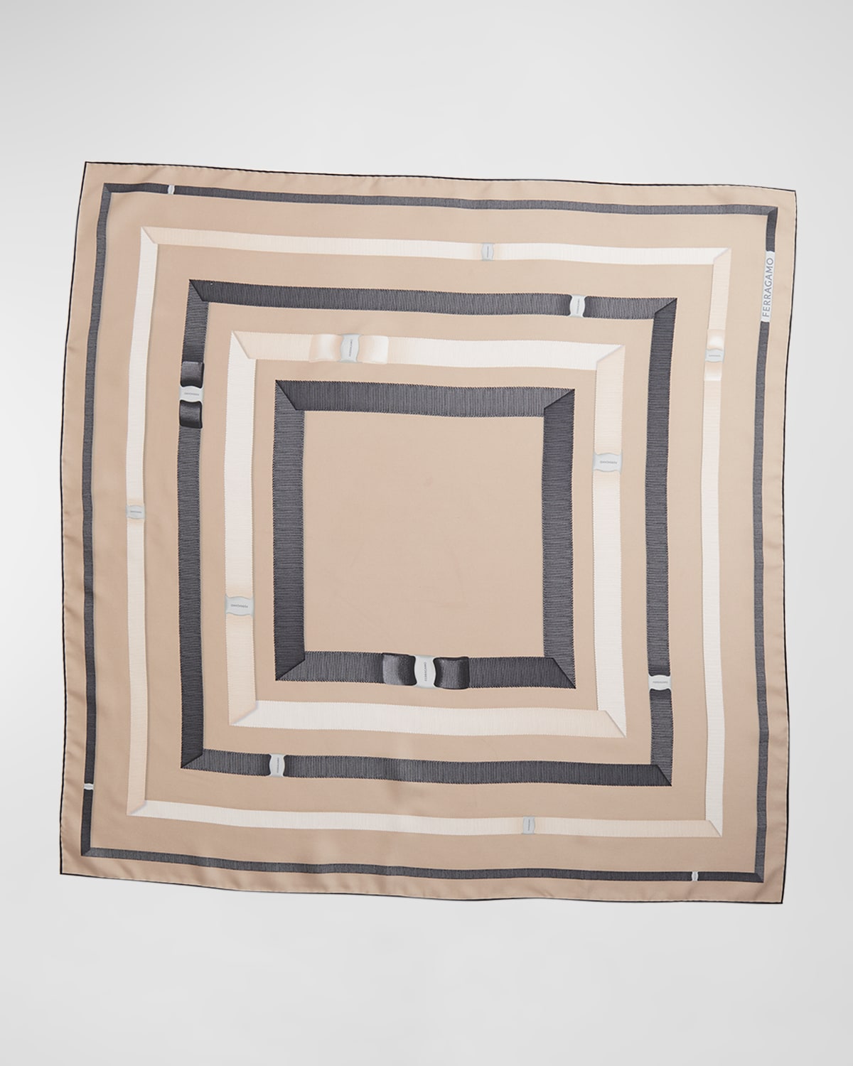Ferragamo Ribbon Print Silk Square Scarf In Beige