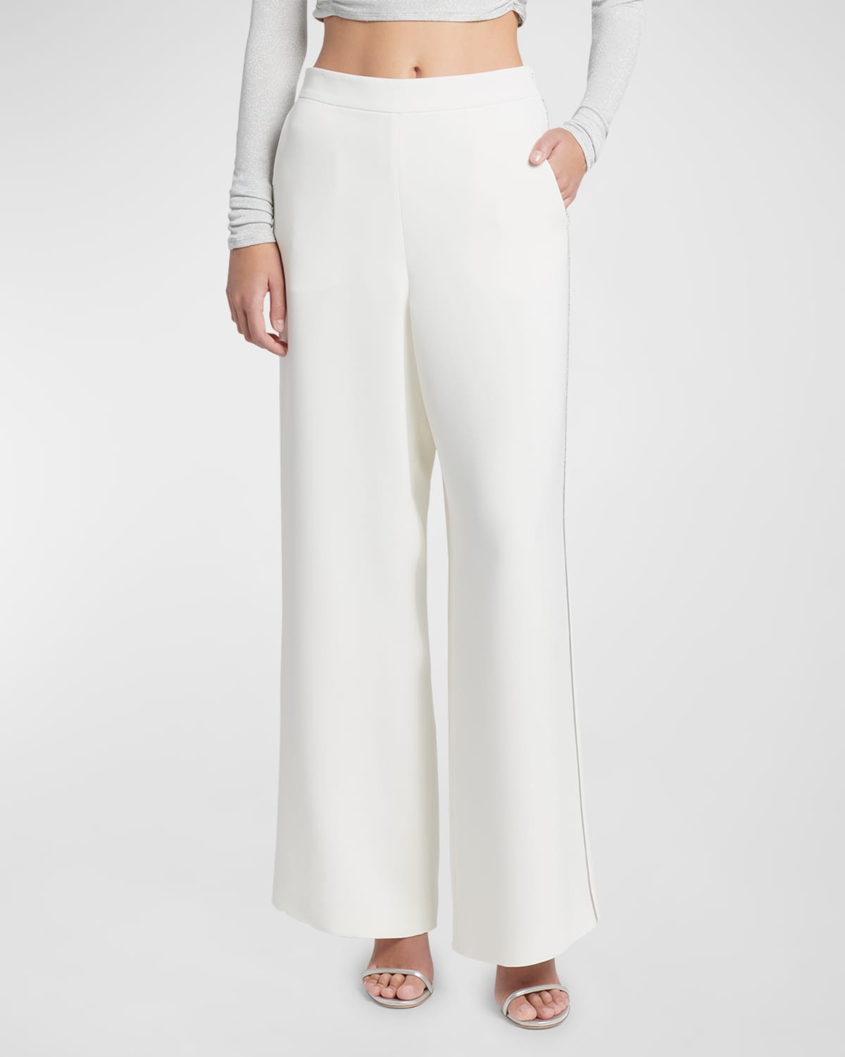 Shop Giorgio Armani Side Piping Wide-leg Silk Trousers In Ivory