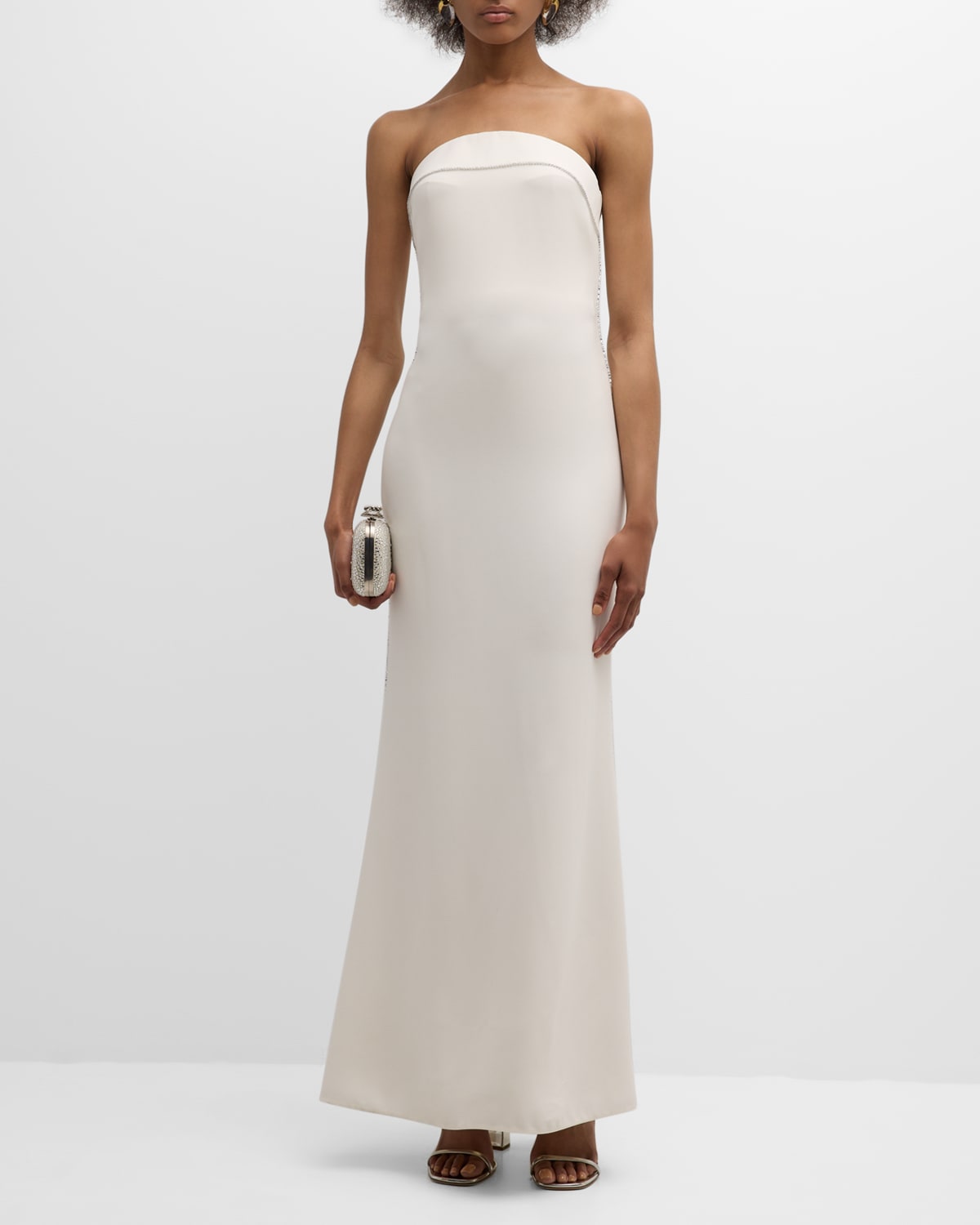 Shop Giorgio Armani Satin Strapless Gown With Crystal Trim In Solid White