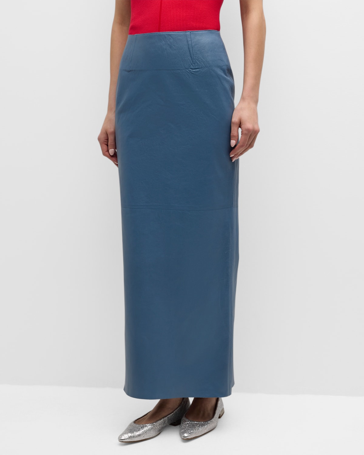 Shop Marni Leather Slit-back Maxi Pencil Skirt In Powder/blu