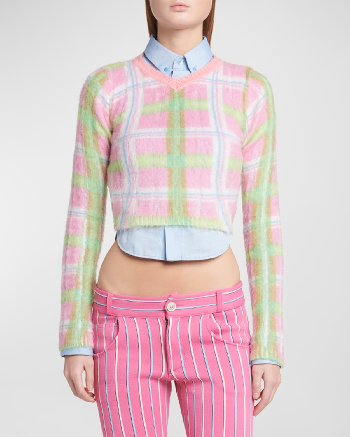Shop Marni Lightweight Plaid Mohair Cropped Knit Sweater In Pink
