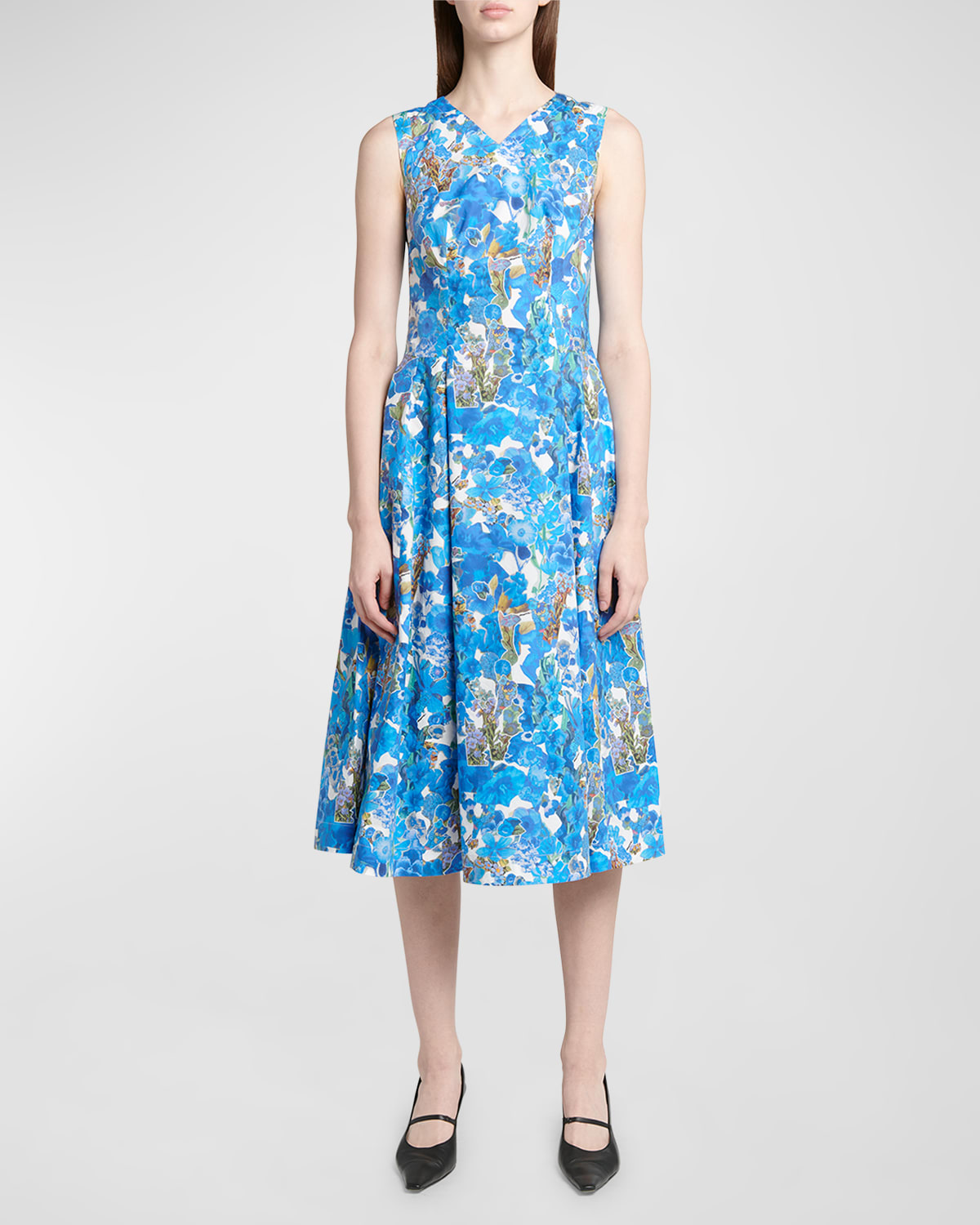 Shop Marni Floral Print Poplin Midi Dress In Cobalt
