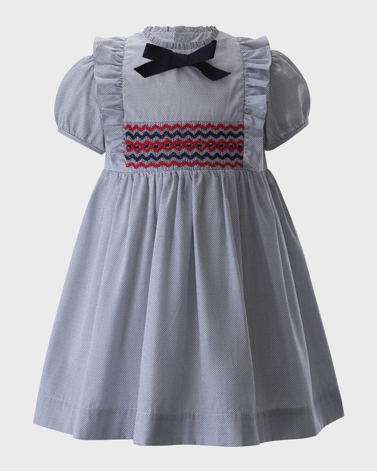 Rachel Riley Kids' Girl's Pindot Smocked Bow Dress In Navy