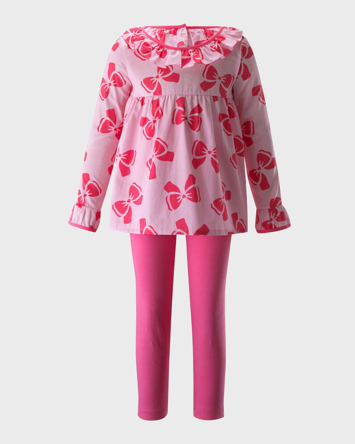 Rachel Riley Kids' Girl's Bow-print Frill Long-sleeve Top And Leggings Set In Pink