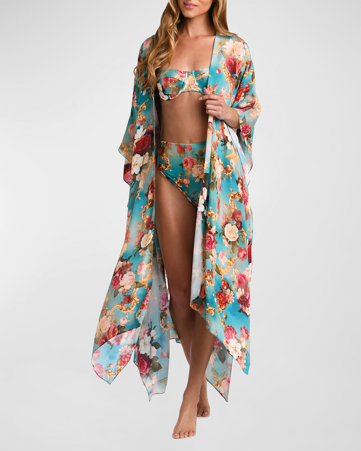 Shop L'agence Swim Kara Roses Maxi Kimono Coverup In Multi