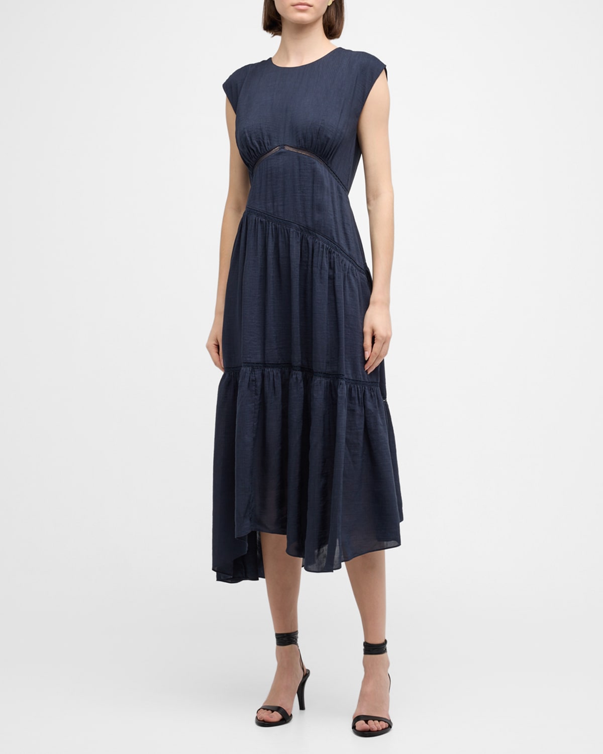 Frame Gathered Seam Lace Inset Midi Dress In Navy