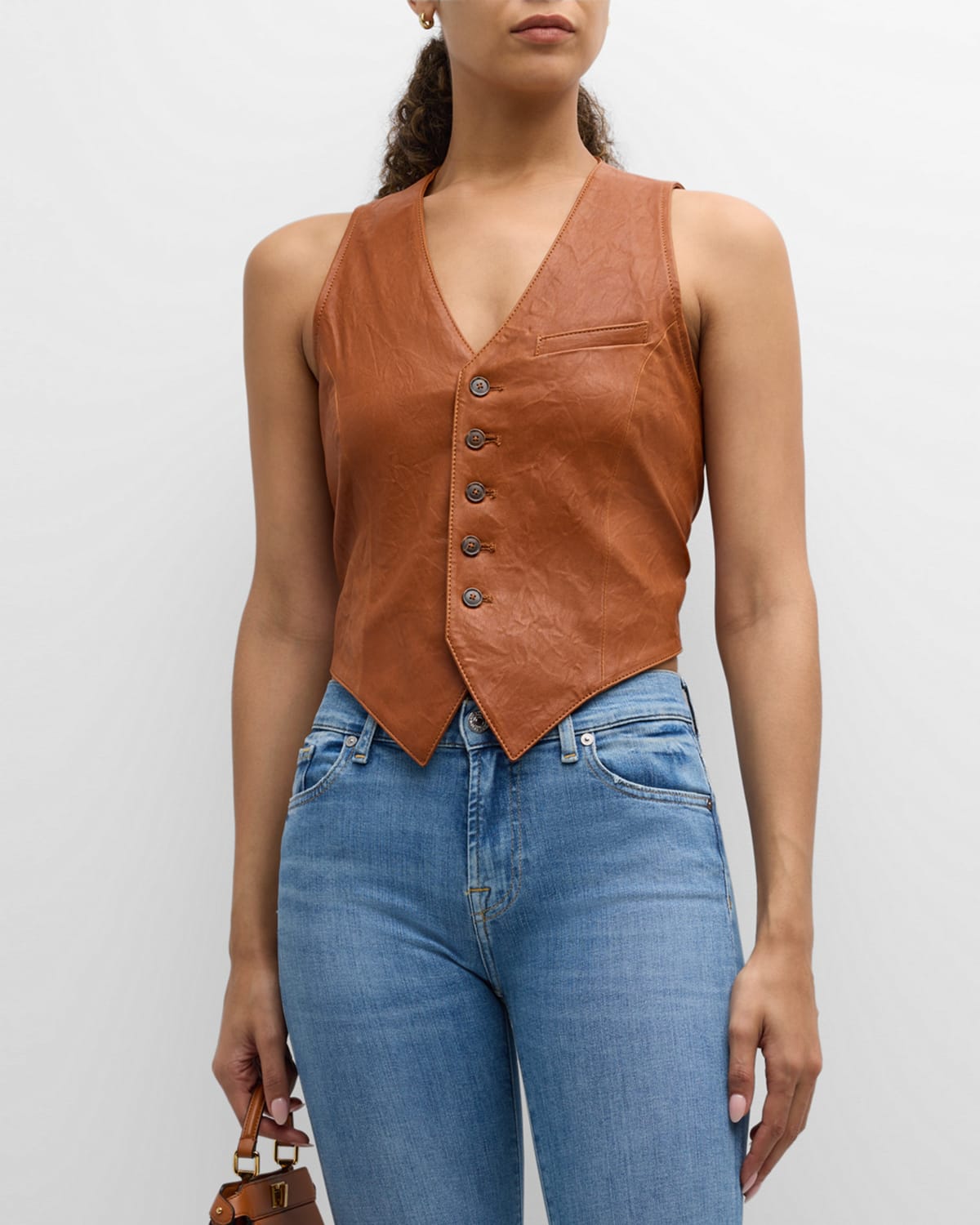 Frame Button-front Leather Waistcoat In Light Whiskey