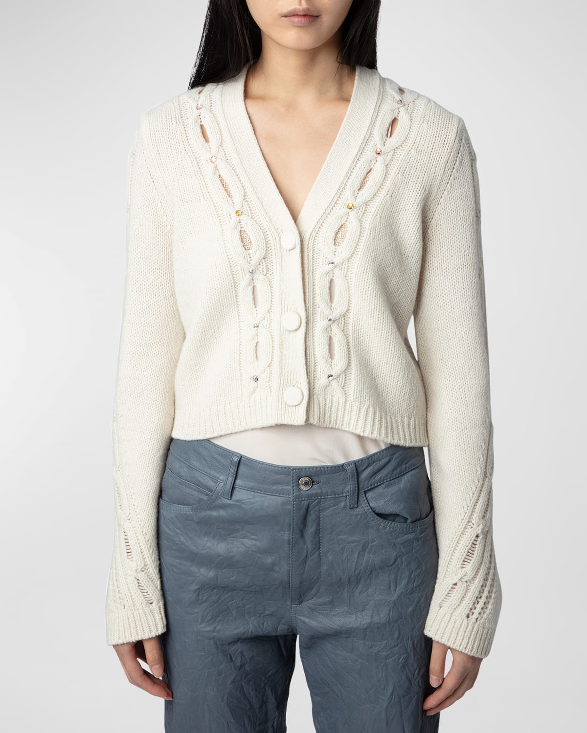 Shop Zadig & Voltaire Barley Cable-knit Wool Cardigan In Ecru