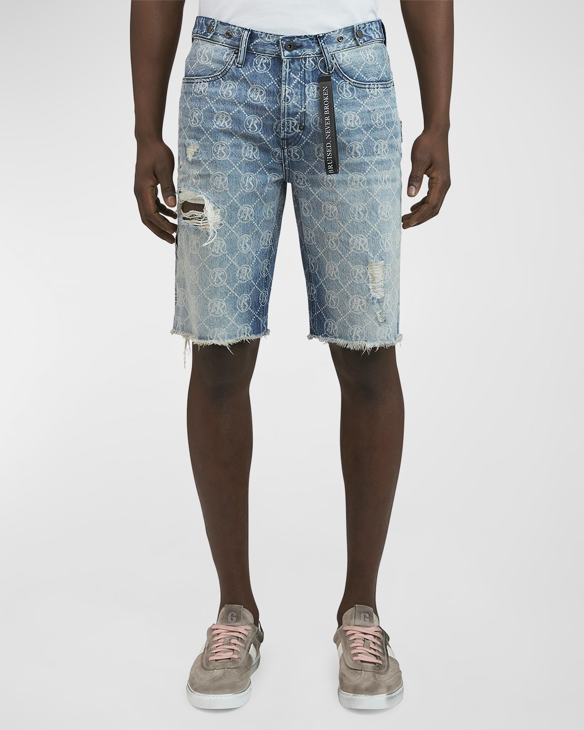 Men's Logo Stamped Distressed Denim Shorts