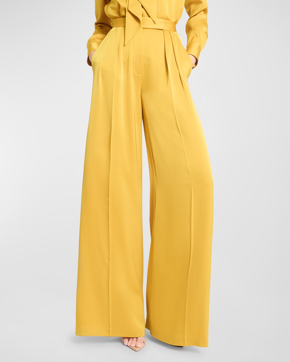 Alex Perry High-rise Double-pleated Wide-leg Satin Crepe Trousers In Gold
