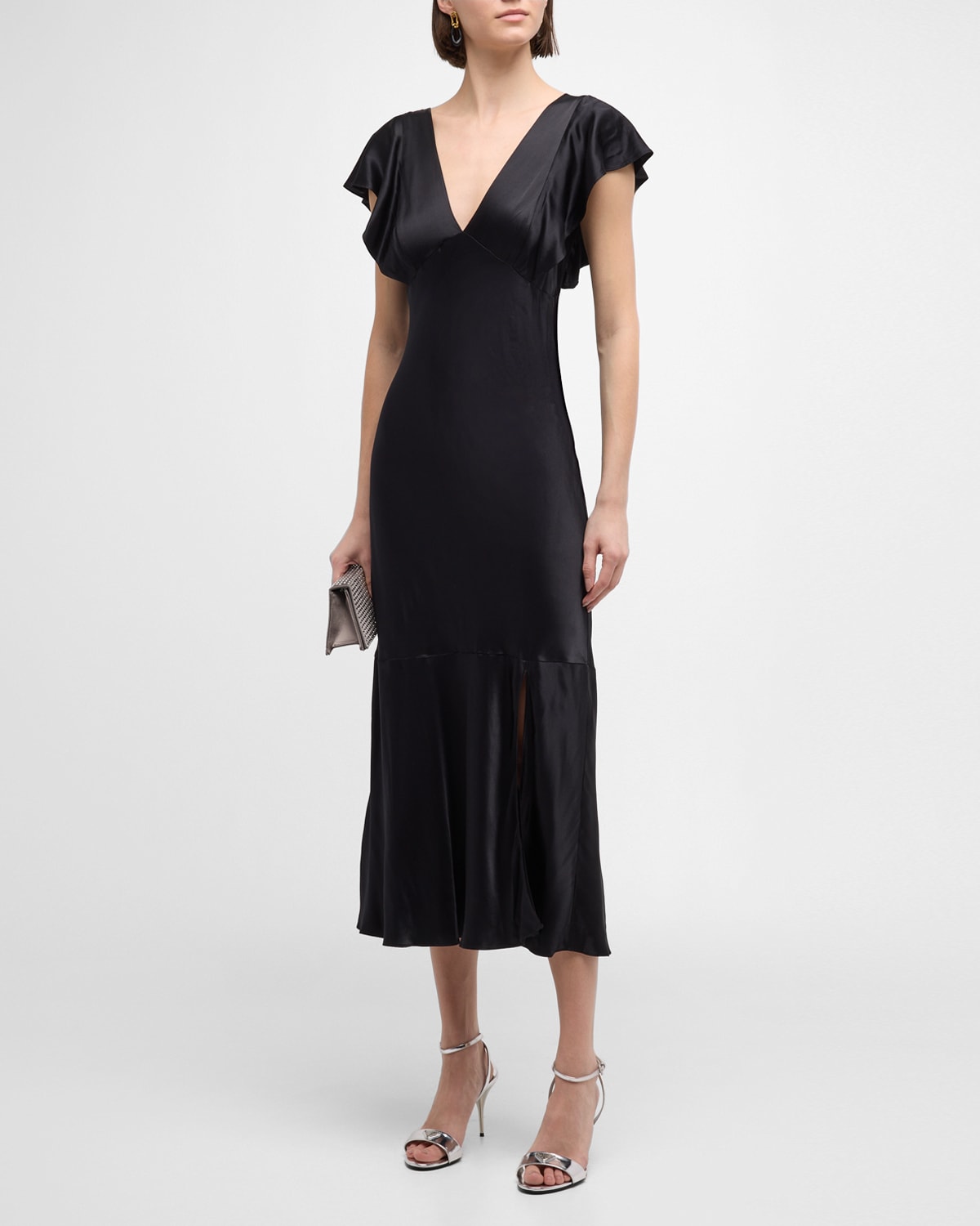 Dina Flutter-Sleeve Satin Midi Dress