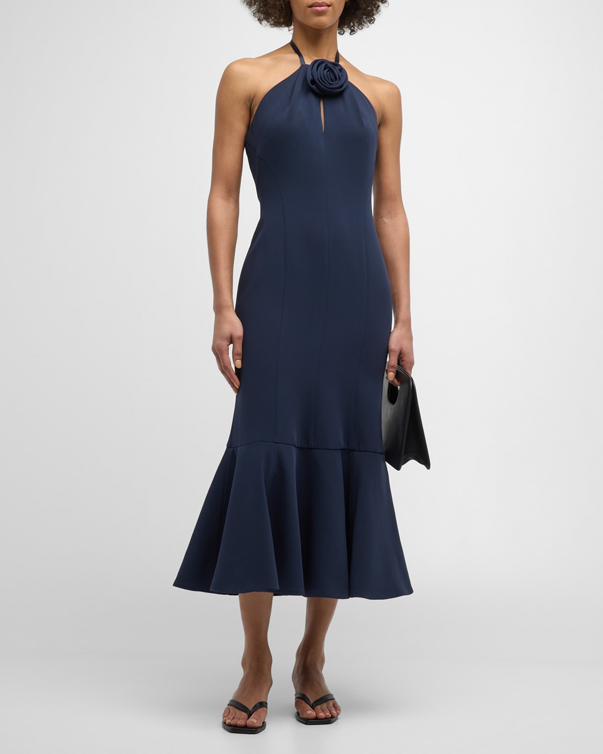 Cinq À Sept Jennie Crepe Flower Midi Halter Dress In Navy