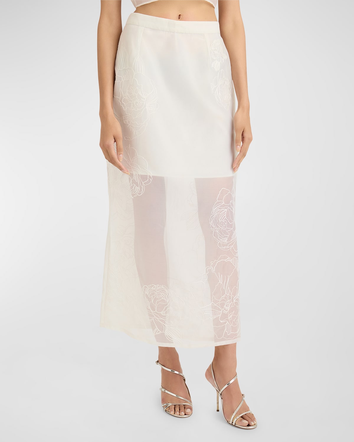 Etta Floral-Embroidered Sheer Midi Skirt