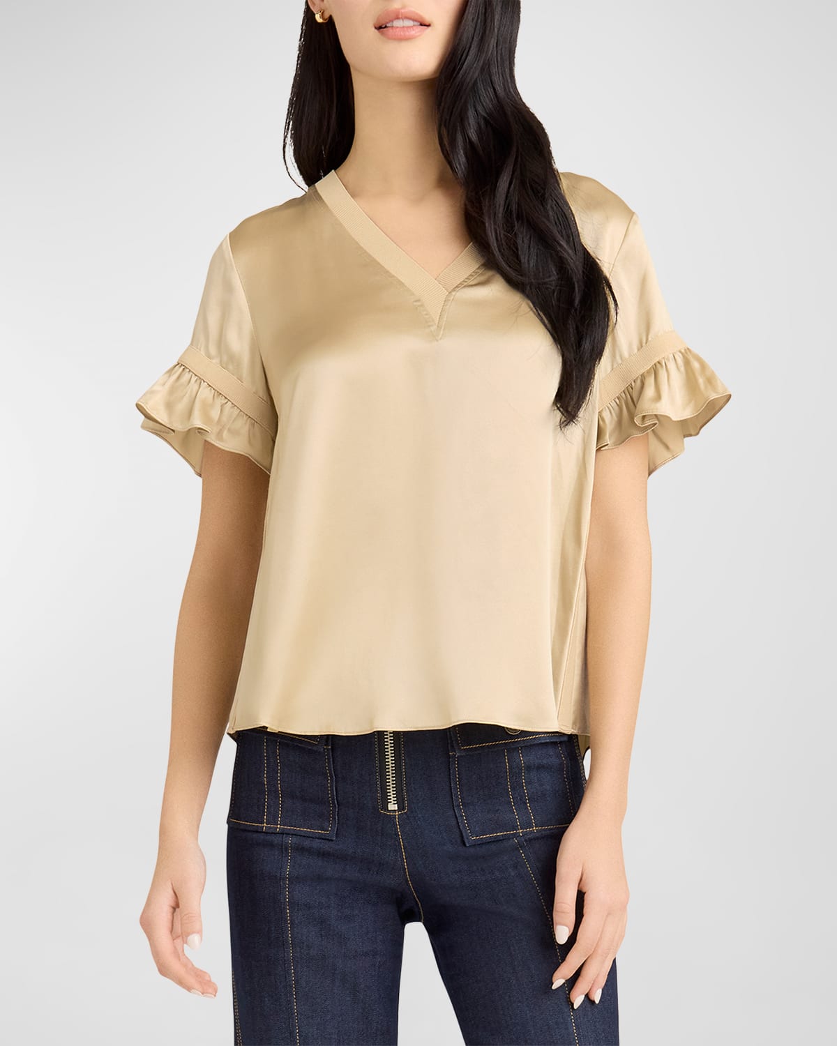 Shop Cinq À Sept Linnea V-neck Ruffle Short-sleeve Silk Top In Khaki