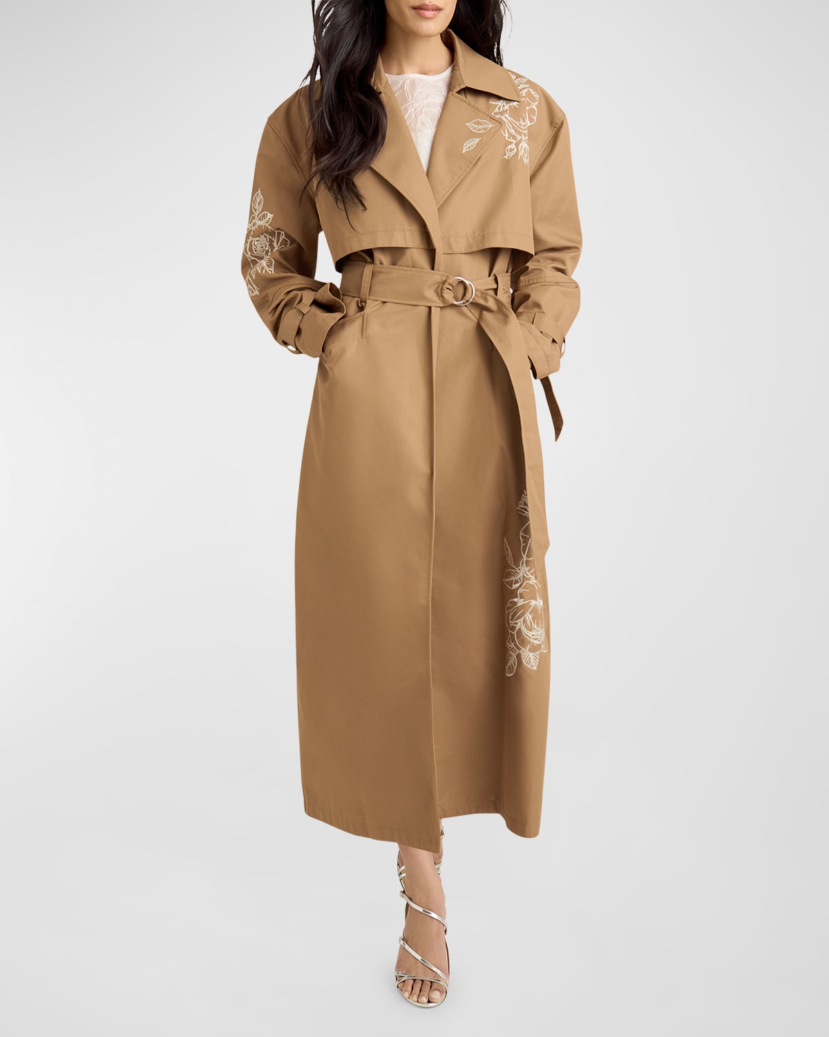 Shop Cinq À Sept Astrid Satin Floral-patterned Trench Coat In Khaki/silver