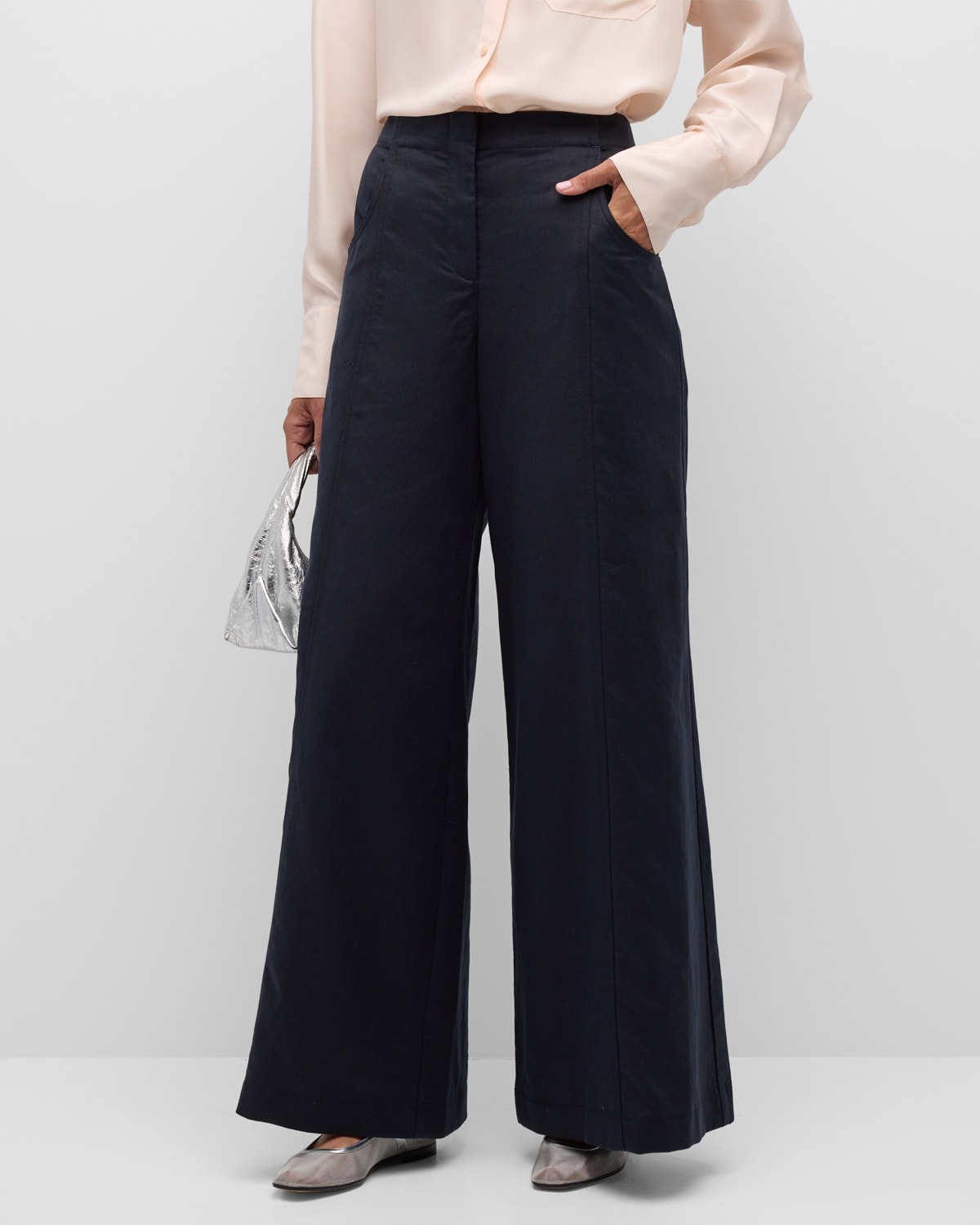 Twp Demie Cotton-linen Mid-rise Wide-leg Pants In Midnight
