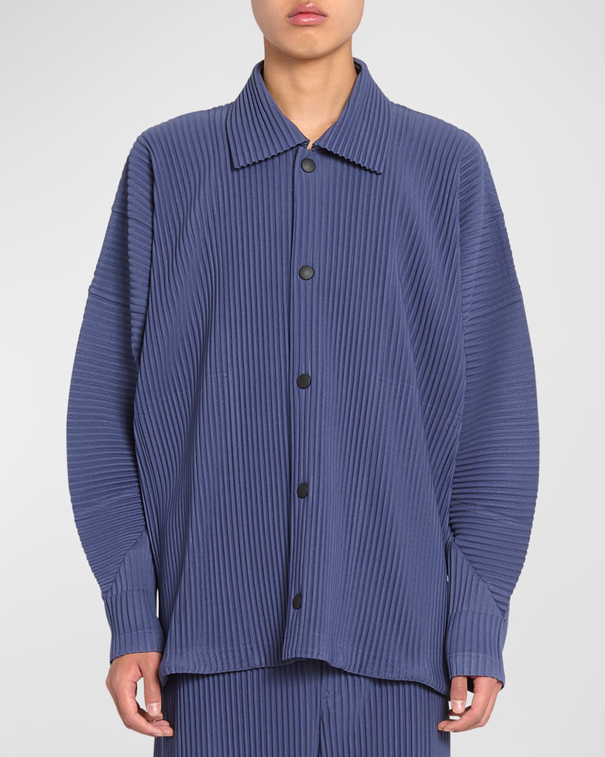 Shop Issey Miyake Men's Pleated Snap-front Overshirt In Blue Charcoal
