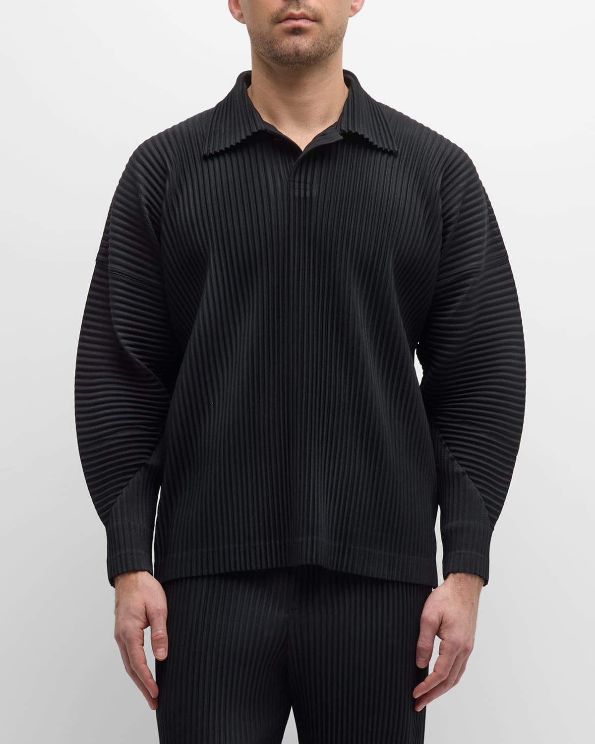 Shop Issey Miyake Men's Solid Pleated Polo Shirt In Black