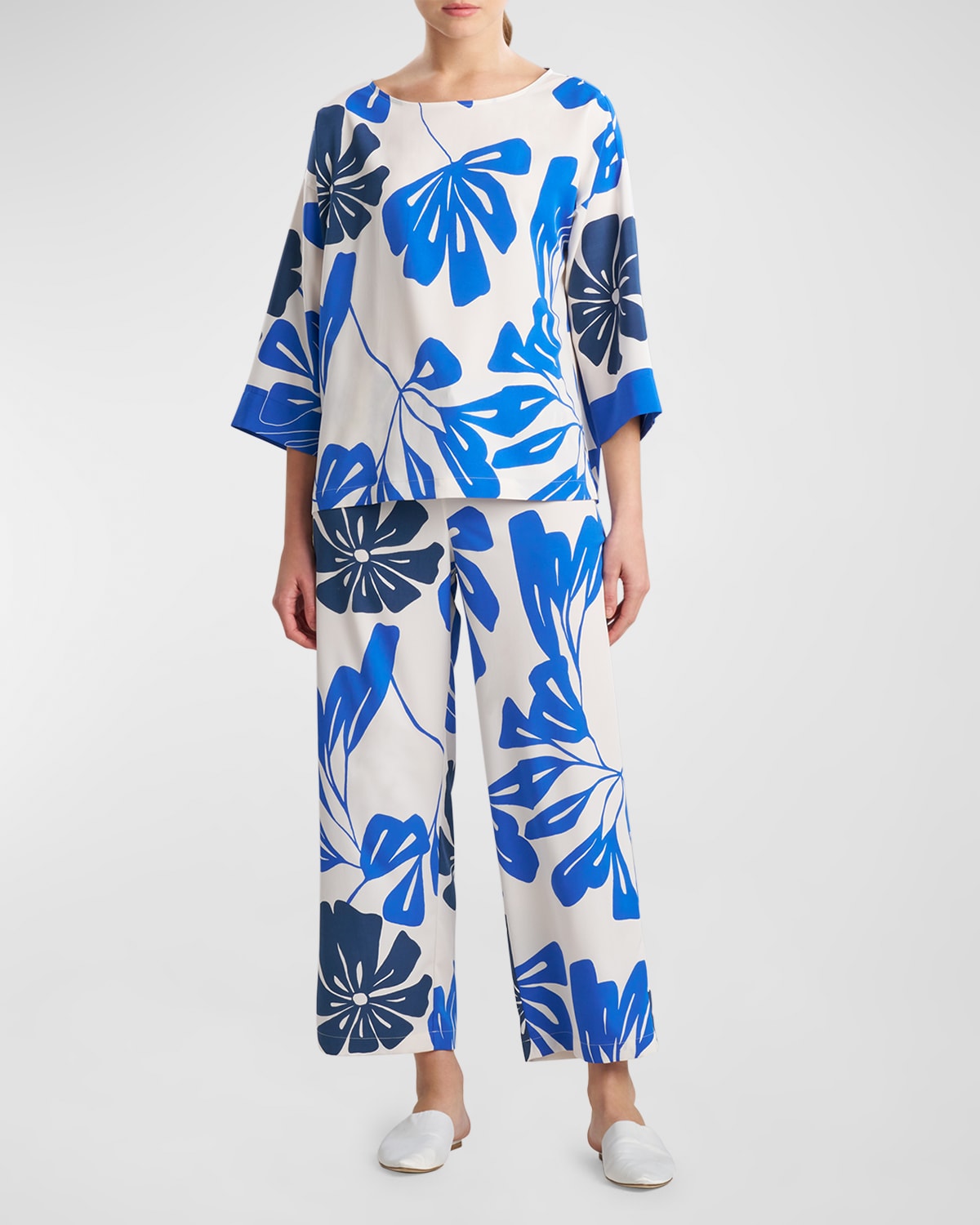 Natori Palma Cropped Botanical-print Pajama Set In Blue