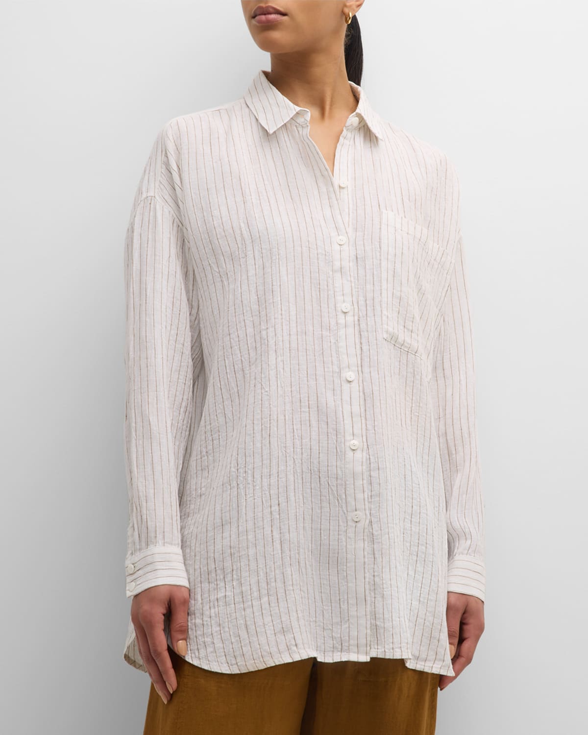 Shop Eileen Fisher Crinkled Striped Organic Linen Shirt In Bronze