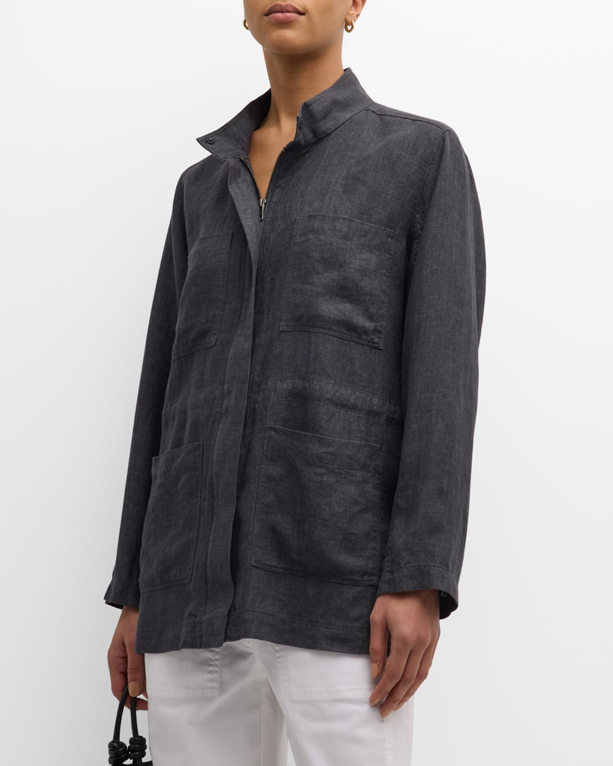 Shop Eileen Fisher Stand-collar Organic Linen Jacket In Graphite