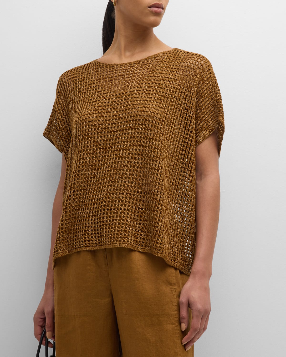 Shop Eileen Fisher Open-knit Organic Linen Sweater In Bronze