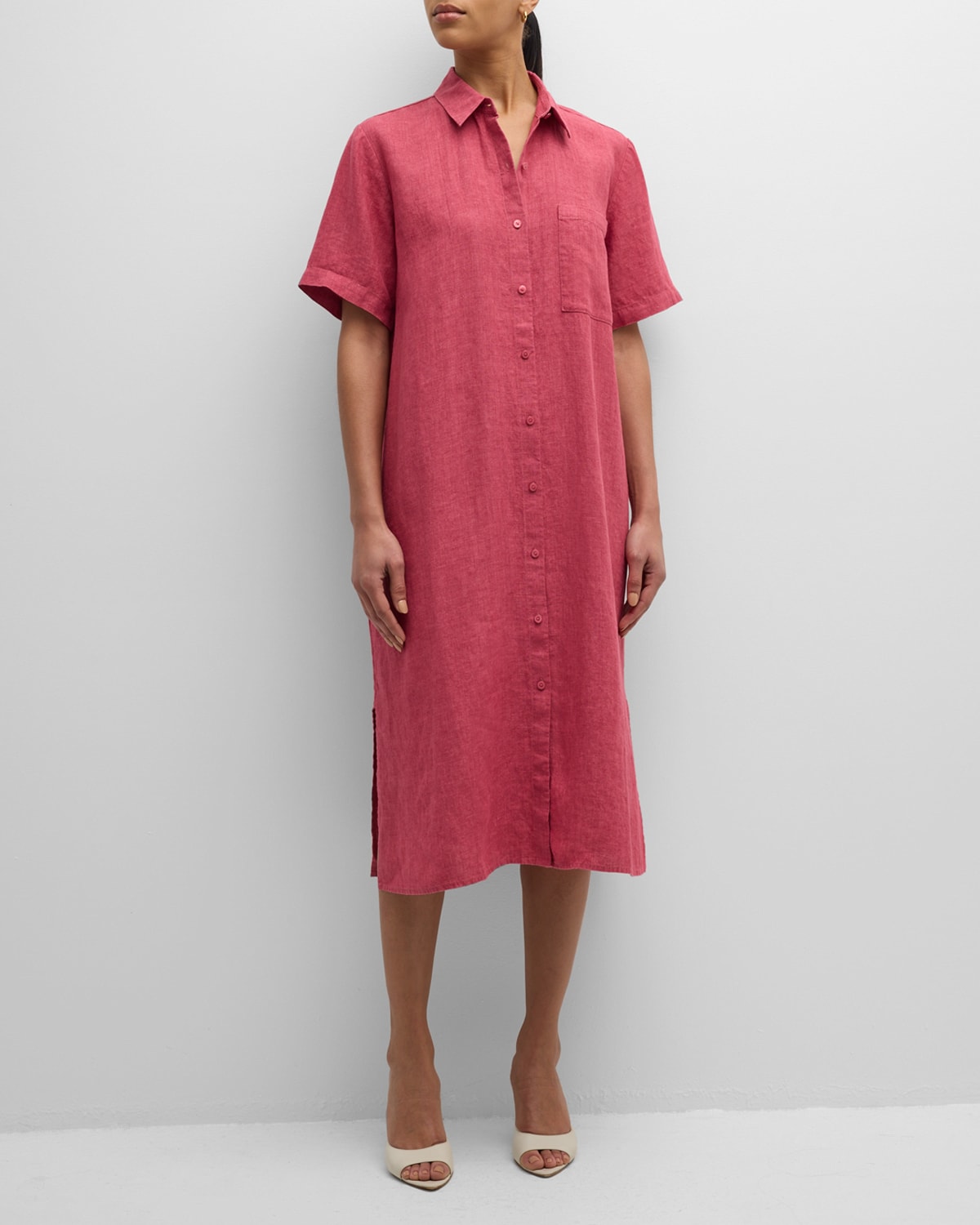 Side-Slit Organic Linen Midi Shirtdress
