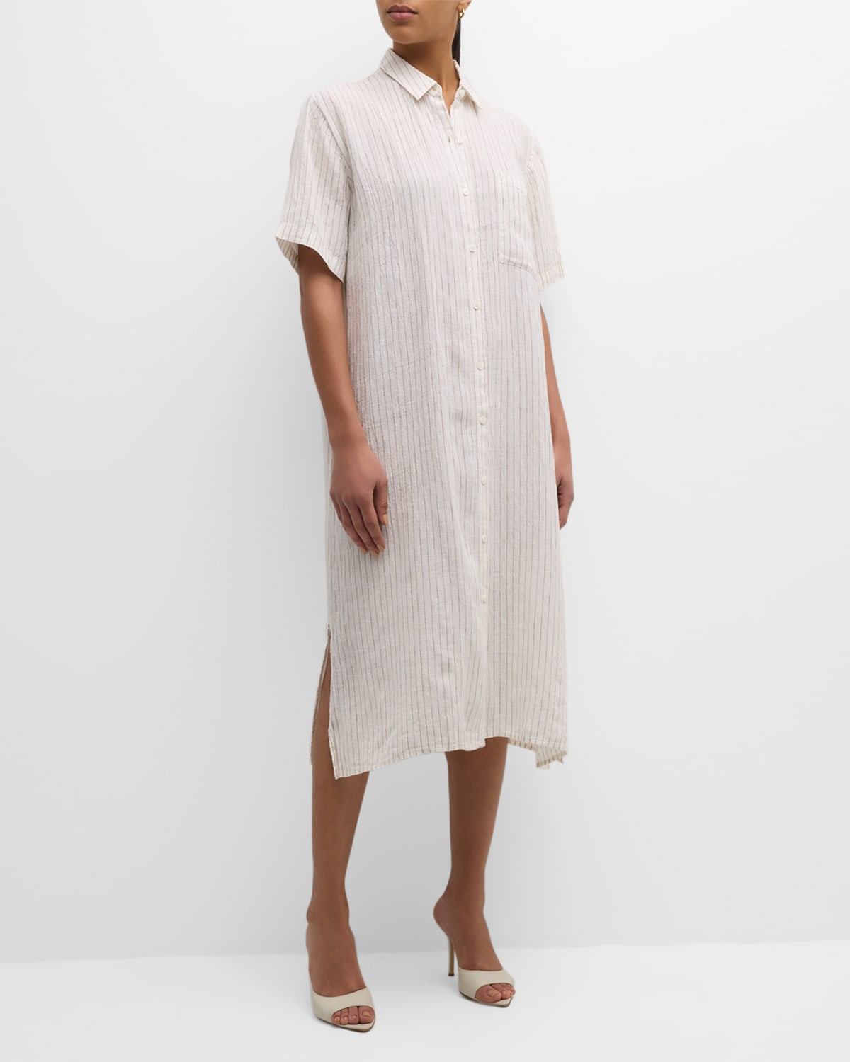 Crinkled Striped Organic Linen Midi Shirtdress