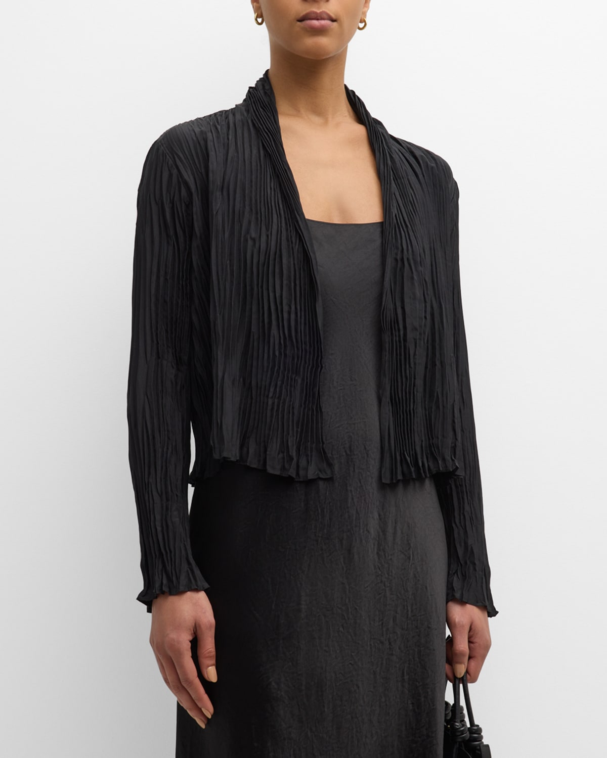 Shop Eileen Fisher Petite Pleated Open-front Silk Jacket In Black