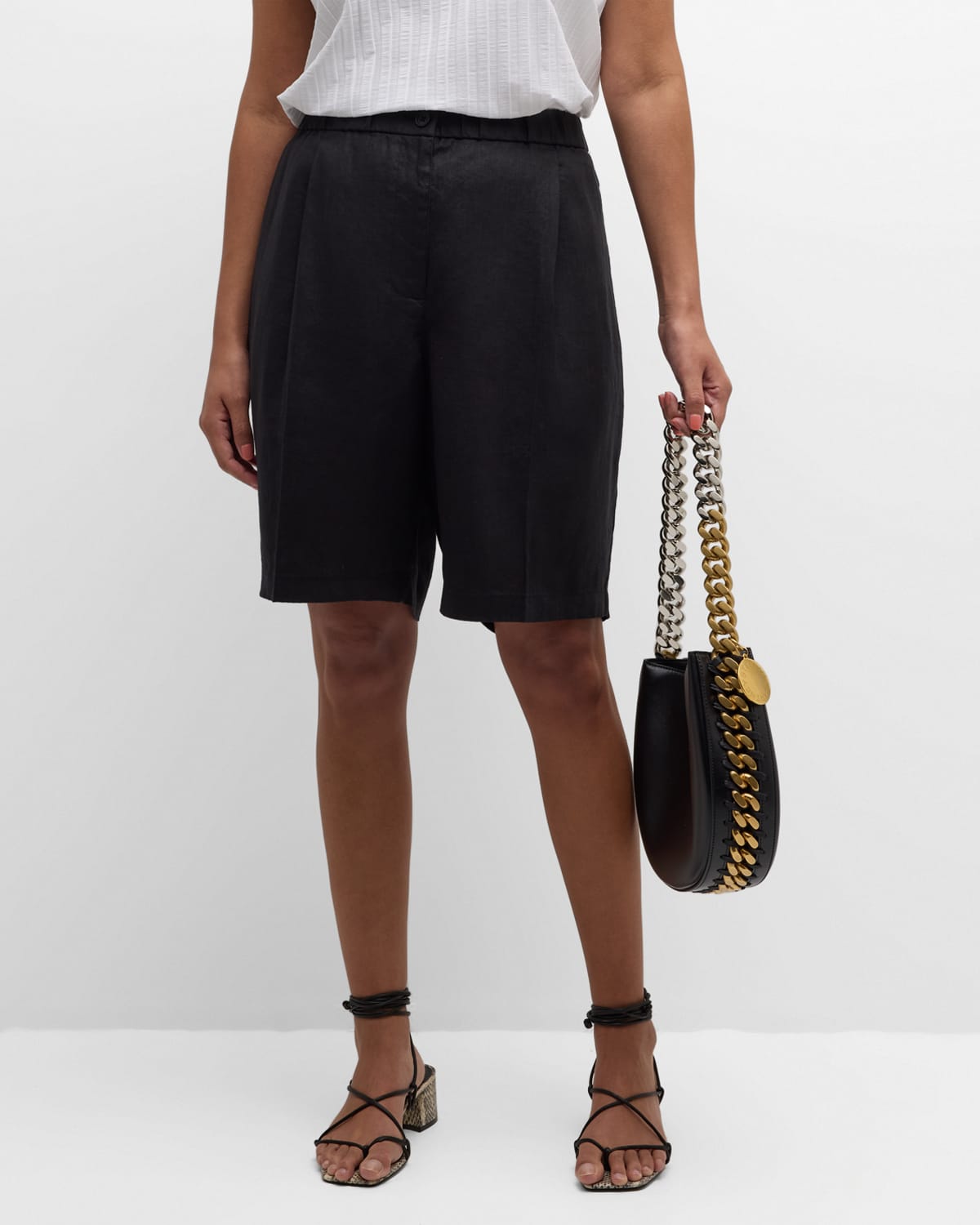 Shop Eileen Fisher Pleated Organic Linen Bermuda Shorts In Black