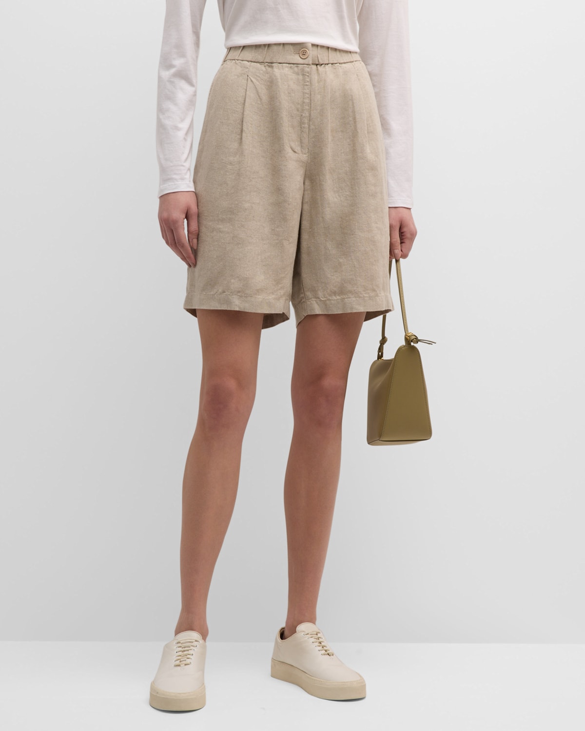 Shop Eileen Fisher Pleated Organic Linen Bermuda Shorts In Undyed Natural