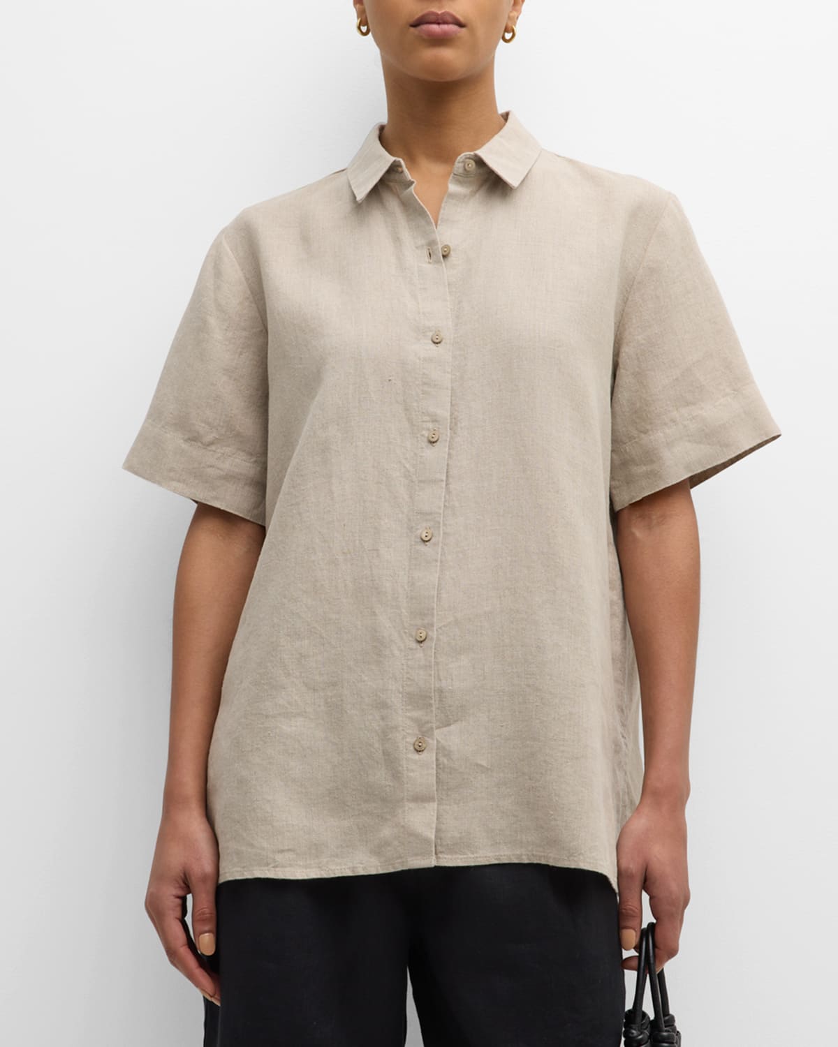 Shop Eileen Fisher Side-slit Organic Linen Shirt In Undyed Natural