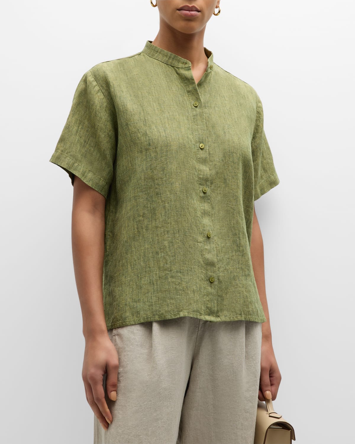 Eileen Fisher Boxy Button-down Organic Linen Shirt In Coriander