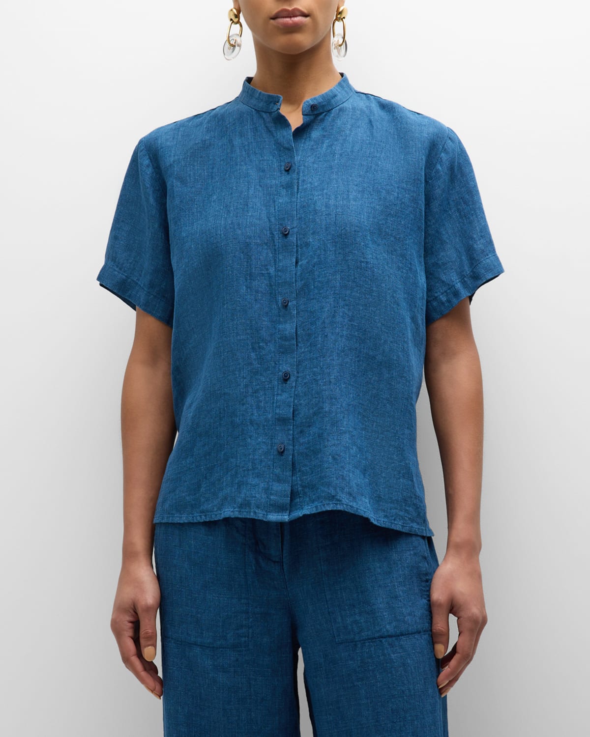 Eileen Fisher Boxy Button-down Organic Linen Shirt In Atlantis