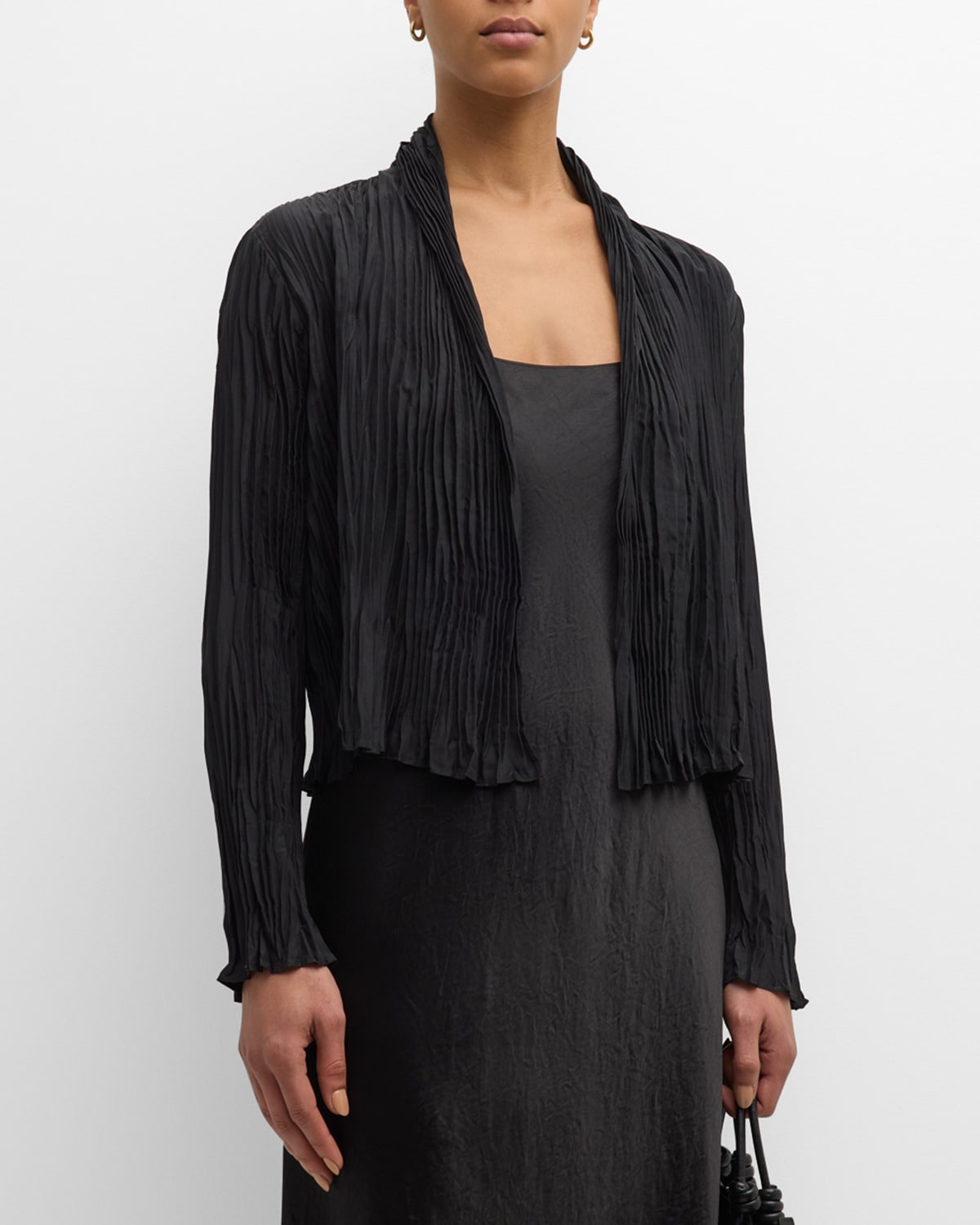 Shop Eileen Fisher Open-front Crinkled Silk Jacket In Black