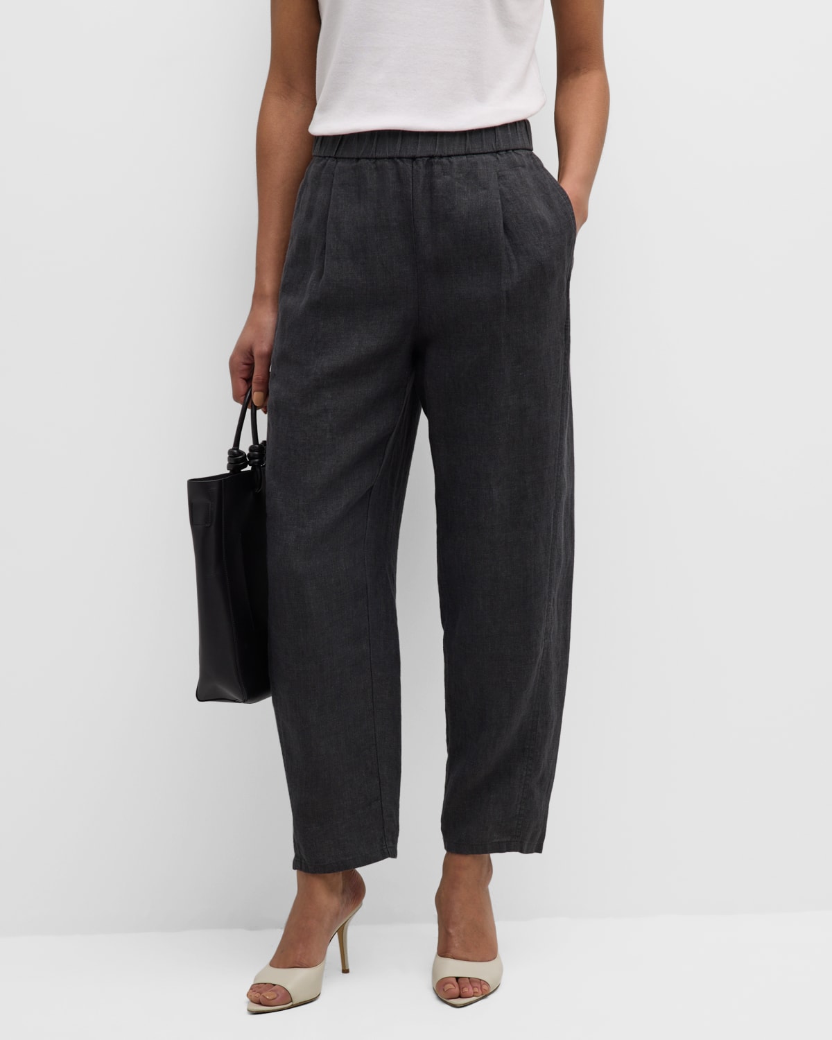 Shop Eileen Fisher Pleated Cropped Organic Linen Lantern Pants In Graphite