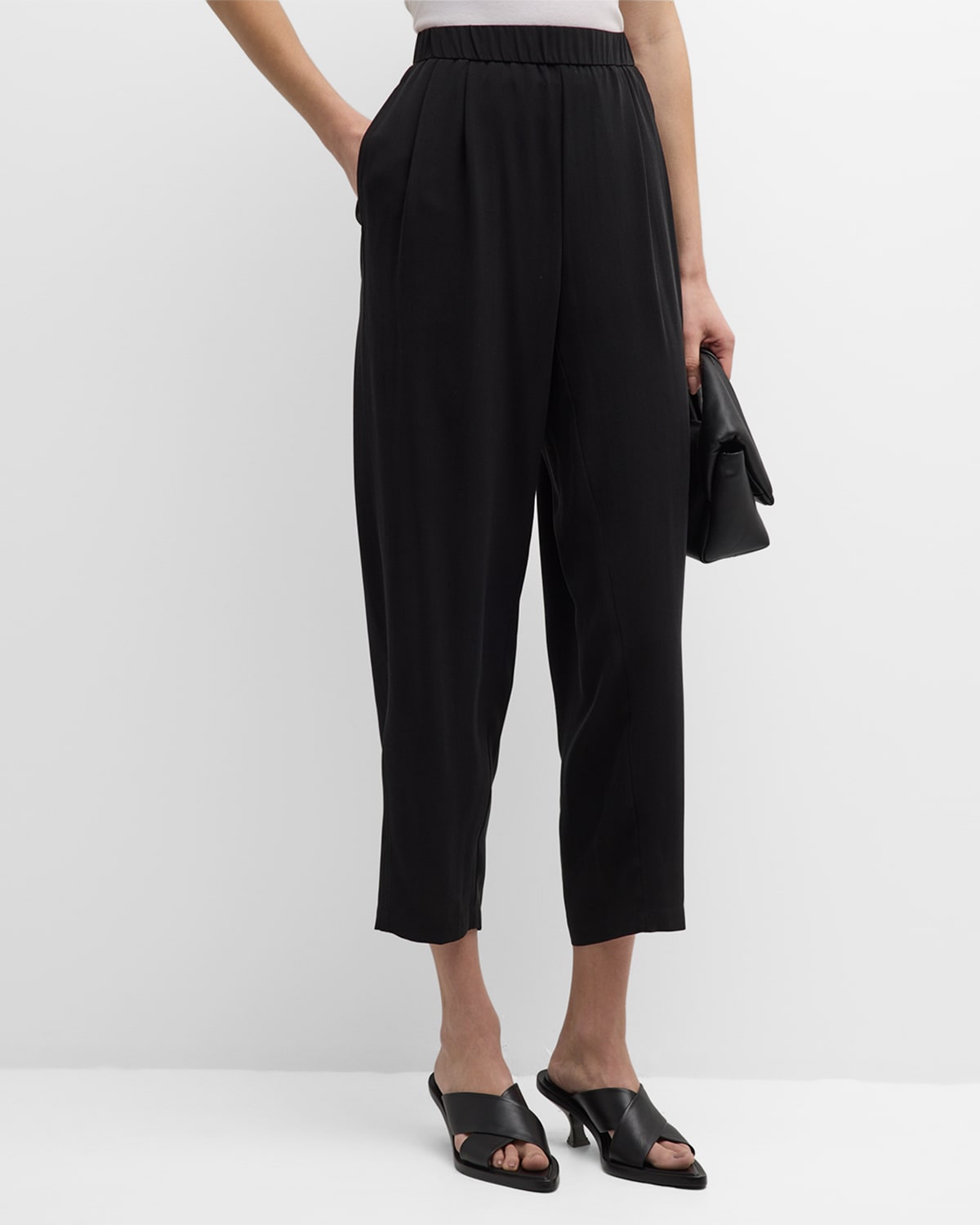 Shop Eileen Fisher Cropped Silk Georgette Crepe Lantern Pants In Black