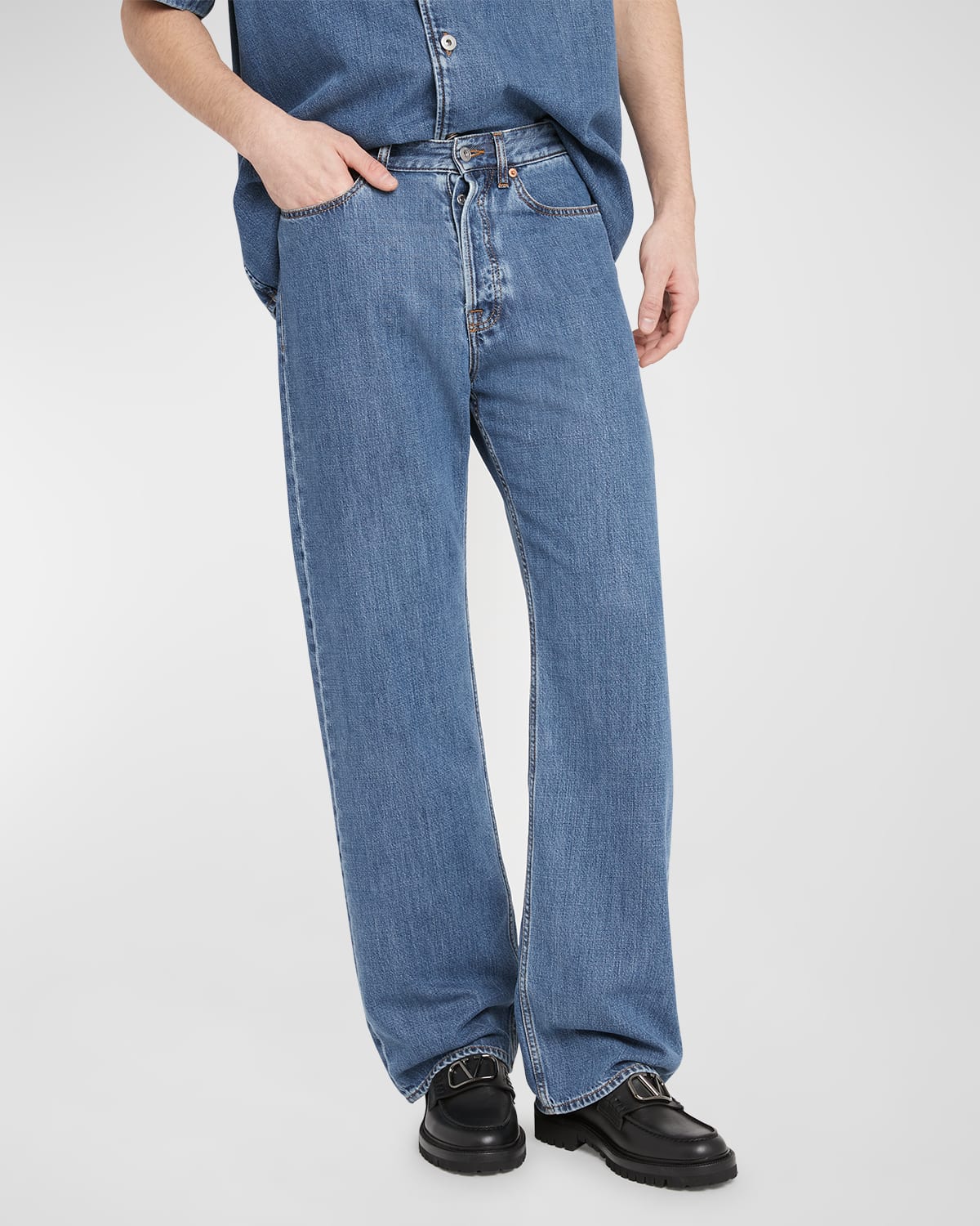 Shop Valentino Men's Relaxed Straight-leg Jeans In Denim