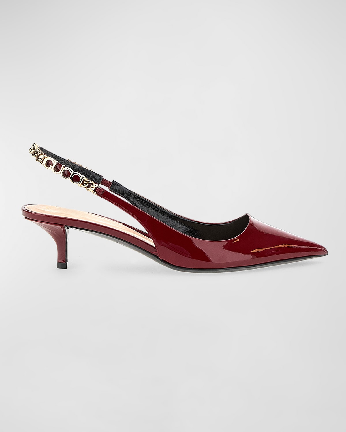 Gucci Signoria Patent Logo Chain Kitten Pumps In Ancora Burg Multi