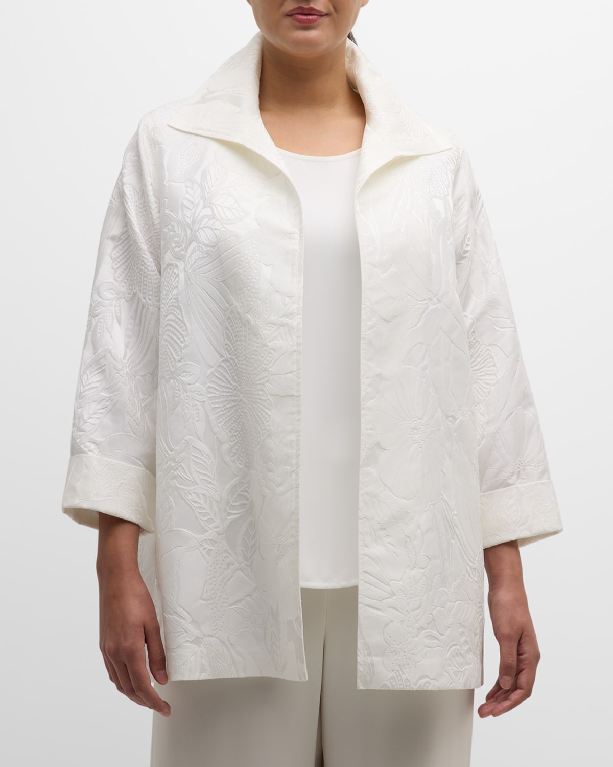 Shop Caroline Rose Plus Plus Size Open-front Floral Jacquard Jacket In White