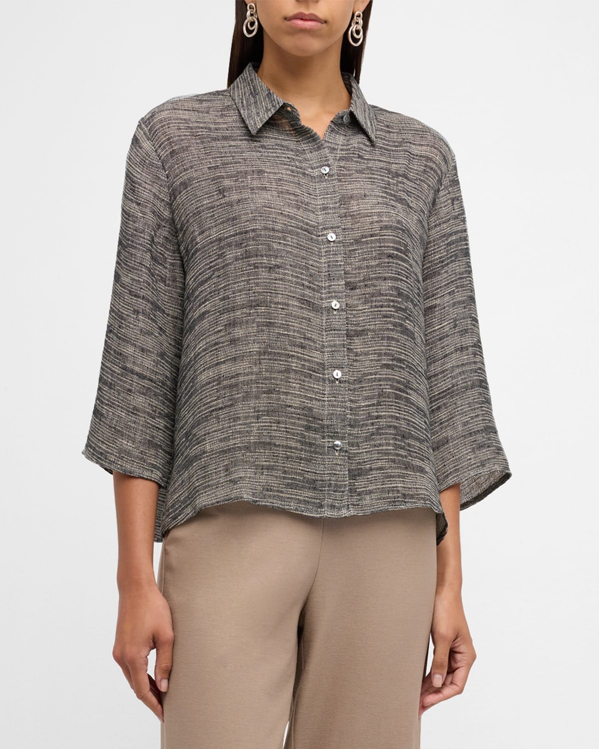 Shop Eileen Fisher Gauzy Jacquard-woven Button-down Shirt In Blacknatural