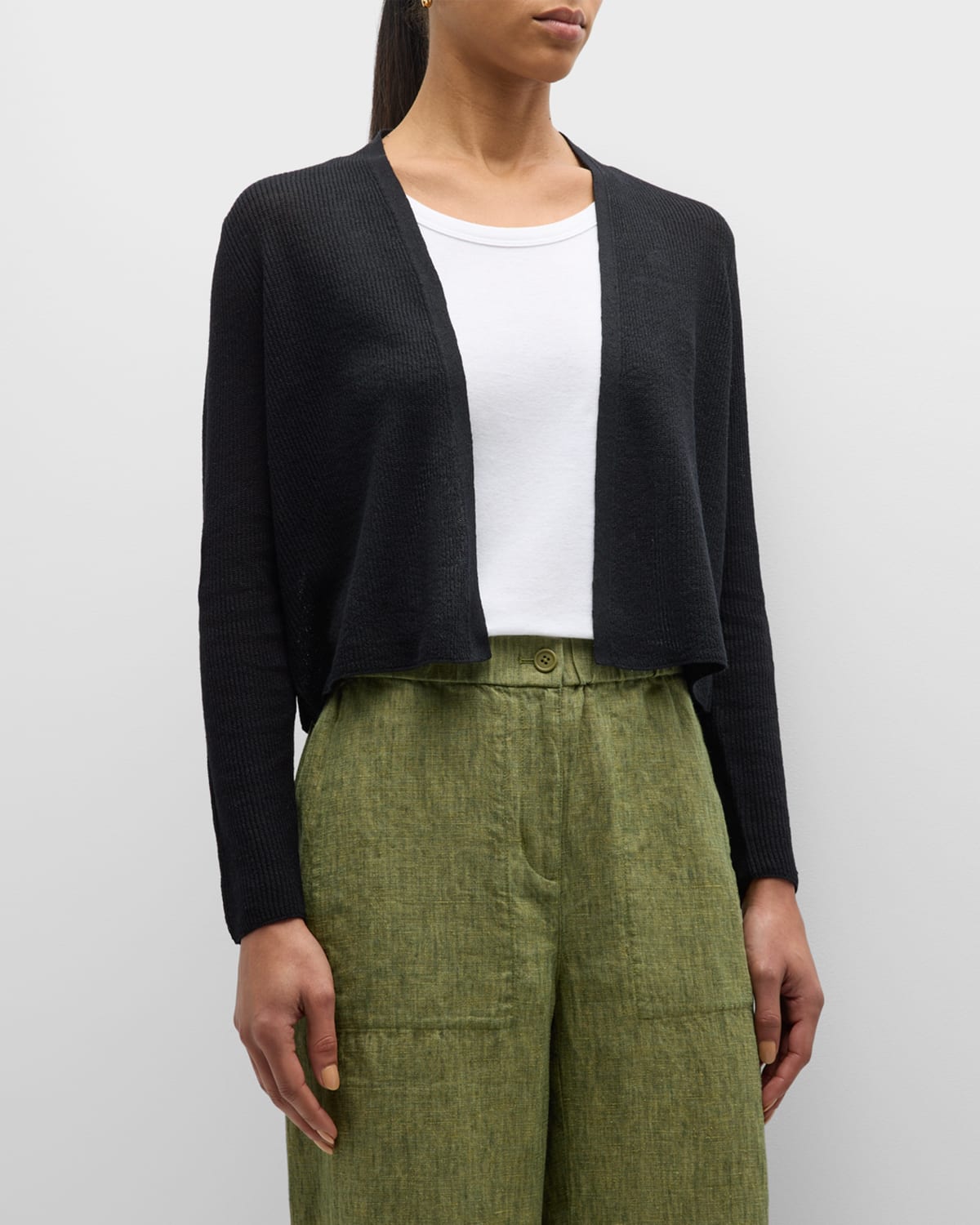 Petite Ribbed Open-Front Linen-Cotton Cardigan