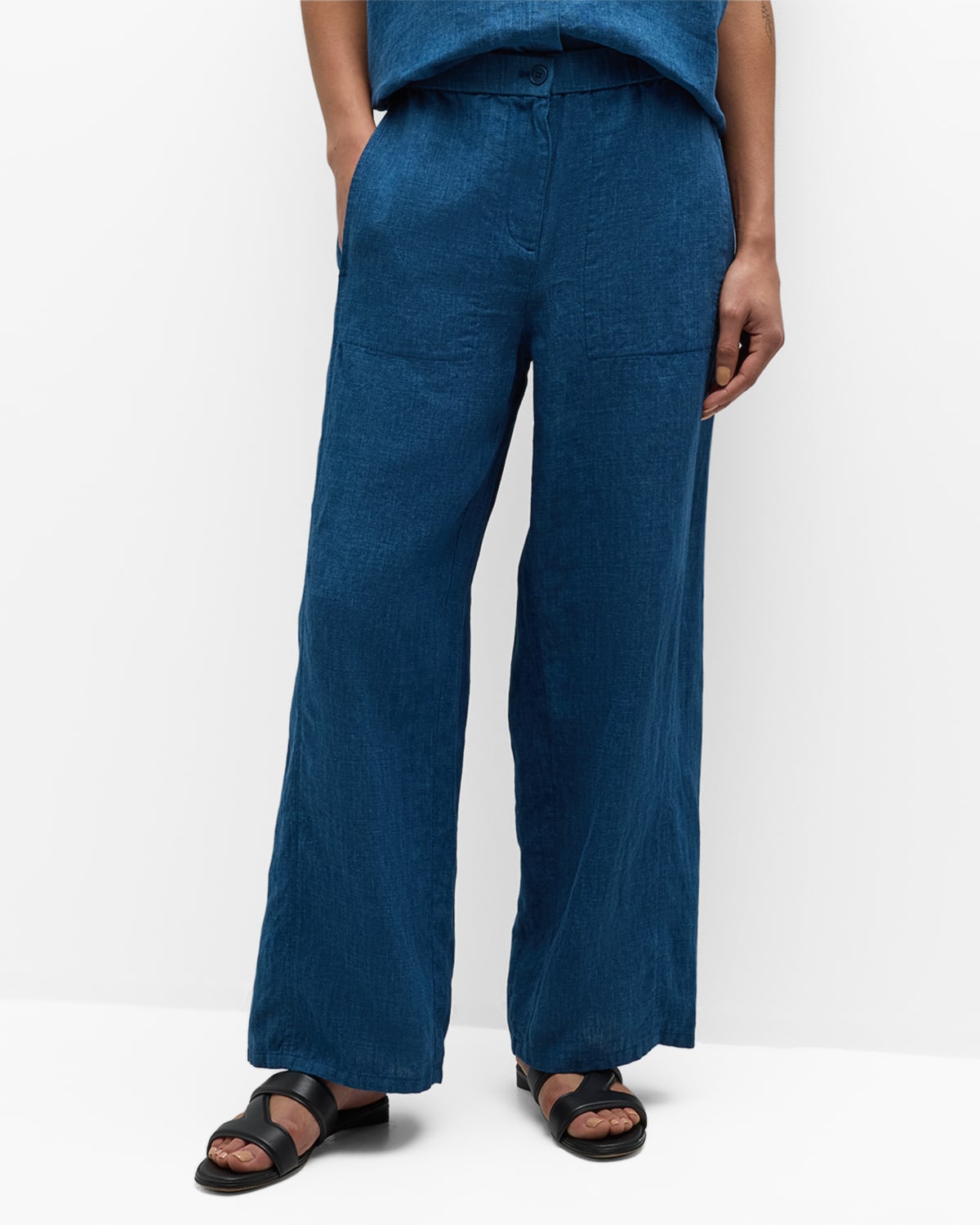 Shop Eileen Fisher Petite Cropped Straight-leg Organic Linen Pants In Atlantis