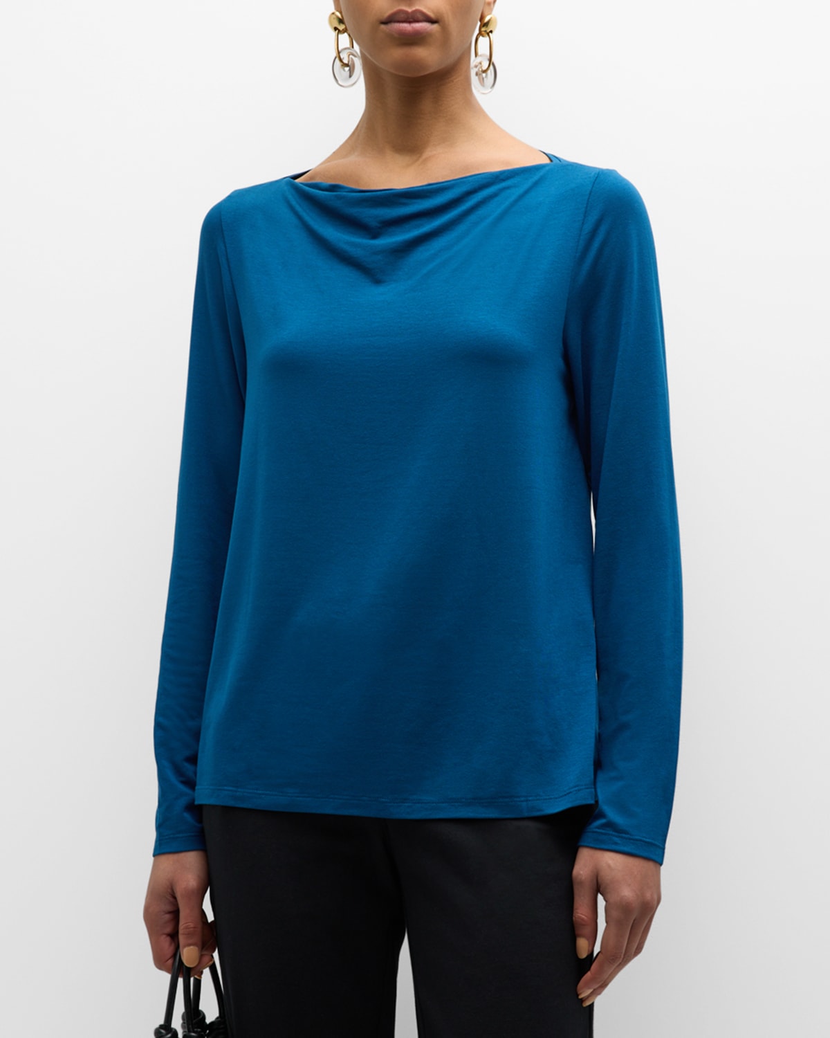 Shop Eileen Fisher Cowl-neck Stretch Jersey Top In Atlantis