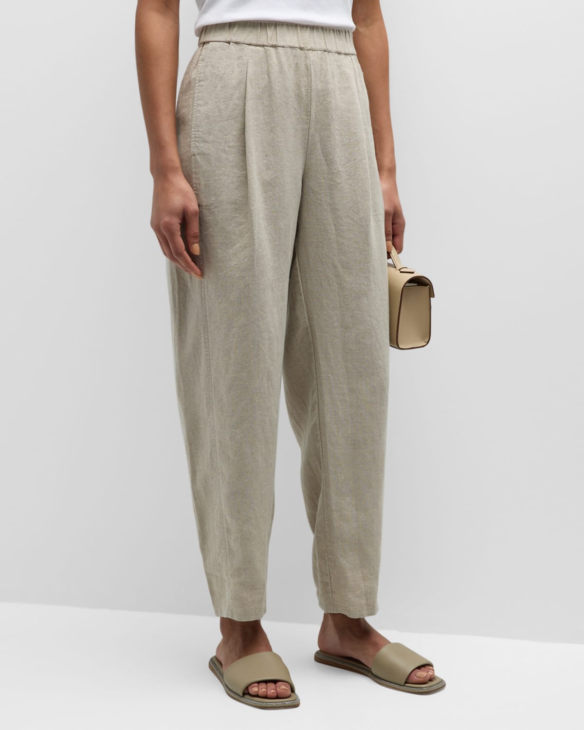Eileen Fisher Pleated Organic Linen Ankle Trousers In Undyed Natural