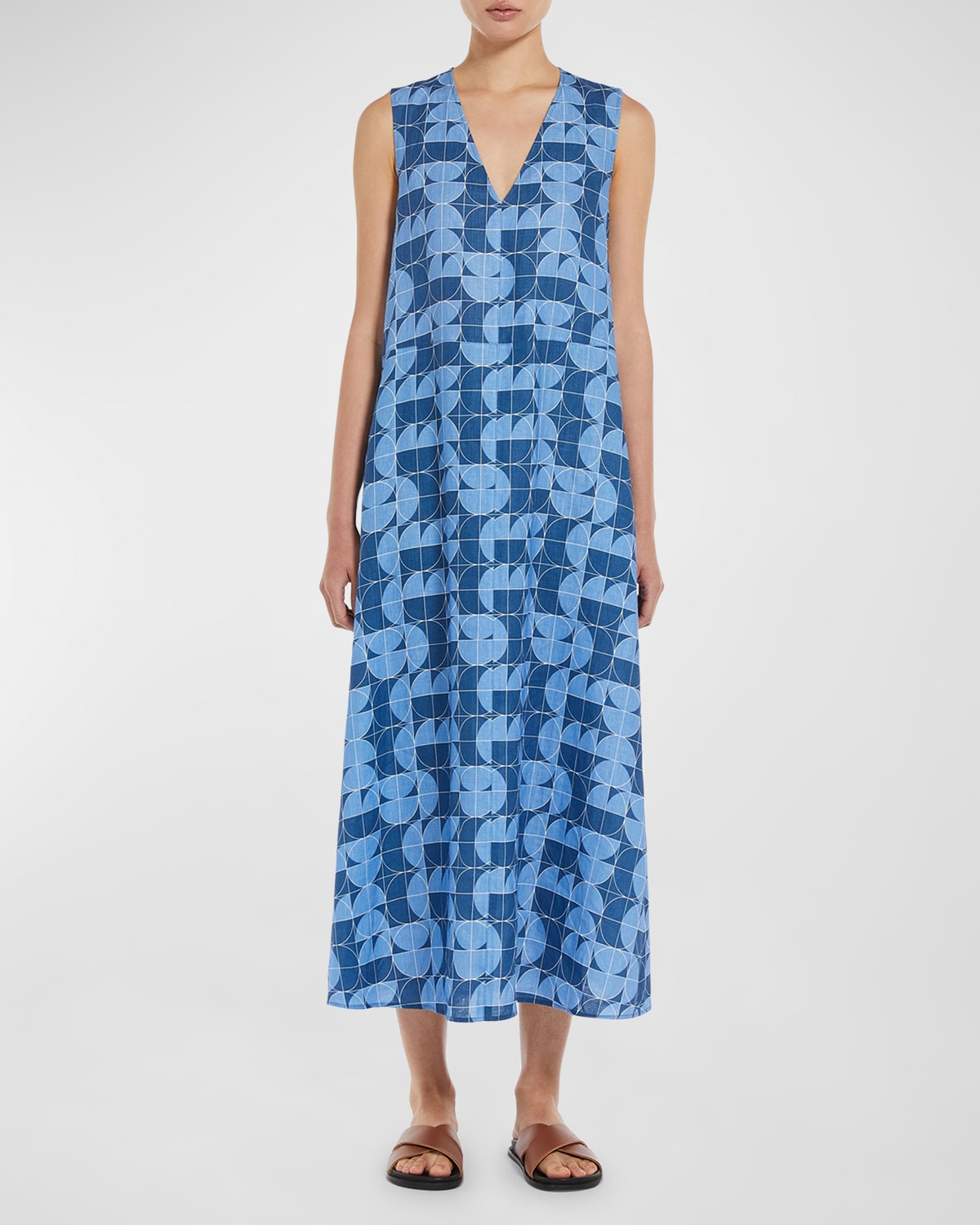 Shop Max Mara Sleeveless Geometric-print Midi Dress In Avio