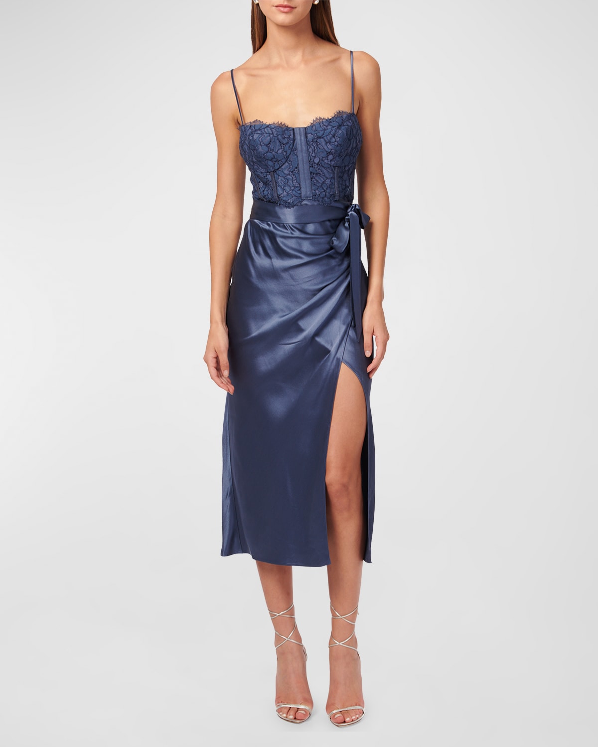 Shop Cami Nyc Tricia Bustier Lace Satin Wrap-skirt Midi Dress In Stonewash